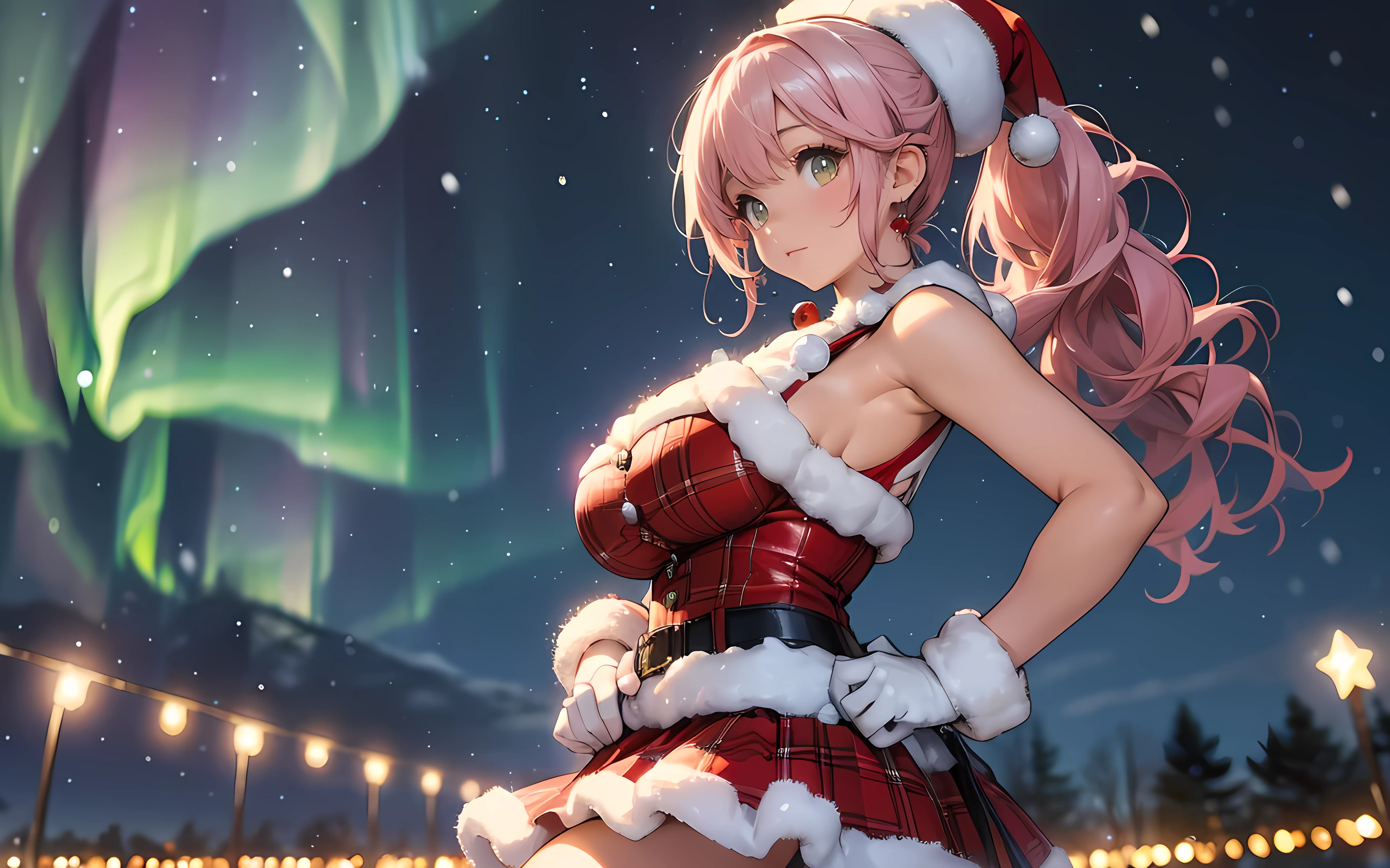 (Anime art style illustration), (extremely detailed CG unity 8k wallpaper), Elf woman in a New Year costume, (panties:1.1), (stockings:1.1), (striped stockings:1.1), white hair, short hair, Christmas tree, fireworks, night, moon, new year.