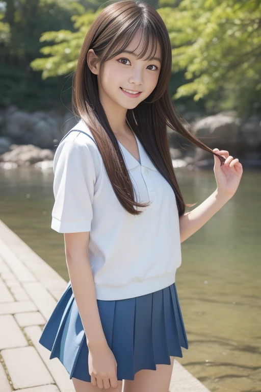 (​masterpiece,top-quality, super high definition), Japanese woman ,  very beautiful girl , Innocent Girl、(Perfect body、 perfect anatomy),((Beaver)). cute japanese high school sailor suit、short sleeve sailor suit 、  navy blue skirt 、pure white、Beautiful Skin、Watery eyes、Sparkling brown hair、Colors and Landscapes of Youth、Omen of love 、Colossal 、 Embarrassed Smile 、Going to school、morning,