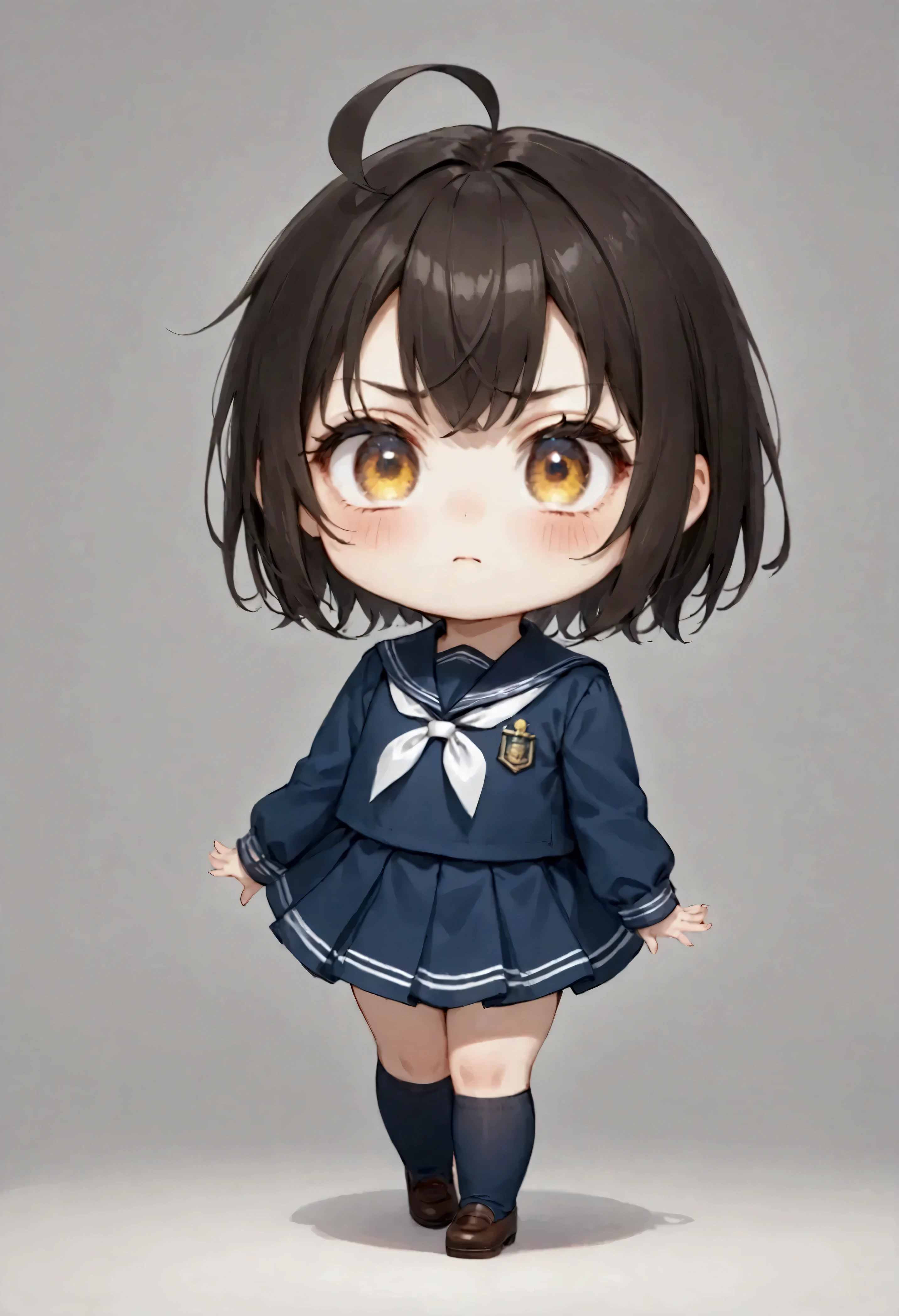 chibi,1girl, solo, full body,(puffy cheeks:1), (v-shaped eyebrows), trembling, anger effect, school sailor,masterpiece, best quality, good quality, newest,