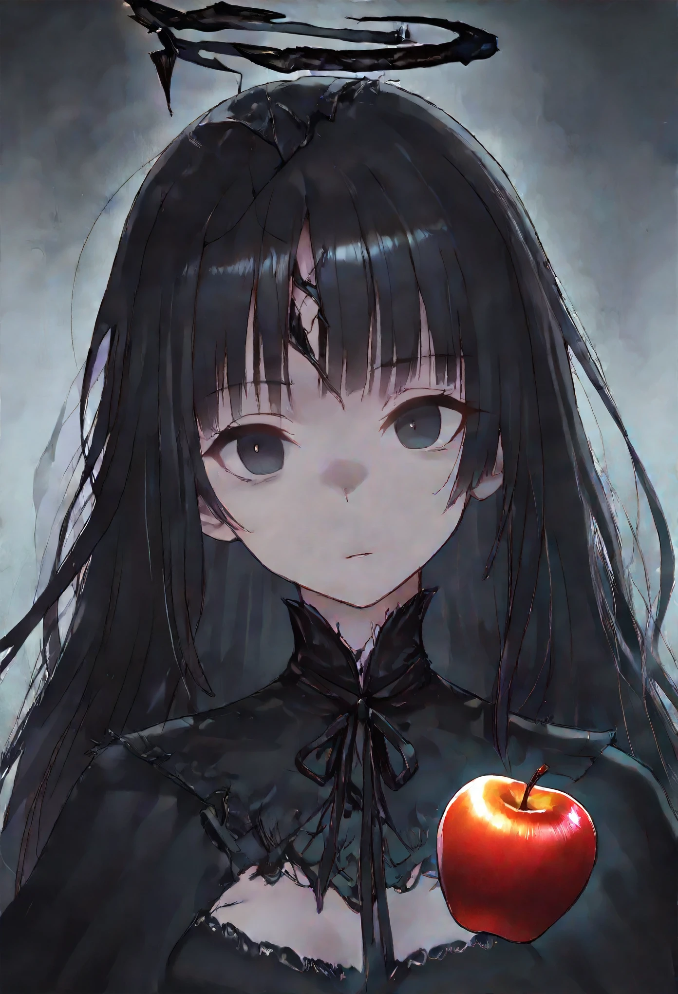 masterpiece, best quality, ultra-detailed, dark fantasy, 1girl, holding a red apple, black gothic dress, somber expression, long dark hair with bangs, fragments of a broken halo above head, ominous dark indoor background, dim candlelight illuminating the room, shadows cast across the walls, worn stone and aged wooden textures, eerie and mysterious atmosphere, hauntingly beautiful