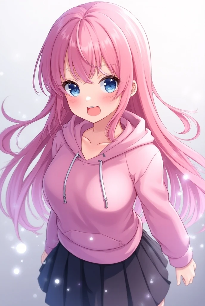 High Resolution, Masterpiece, Best Quality, Detail, HD, High Details, High Quality, Quality, Solo, Long Hair, Bangs, Pink Hair, Ahoge, Hair Between Eyes, Hair Behind Ear, Crystal Hair, medium Breasts, Smile, Smile, Closed Mouth, blue eyes, Light Blush, Simple background, POV, Rotated, Sparkle, Anime, Anime Style, pink hoodie, black skirt