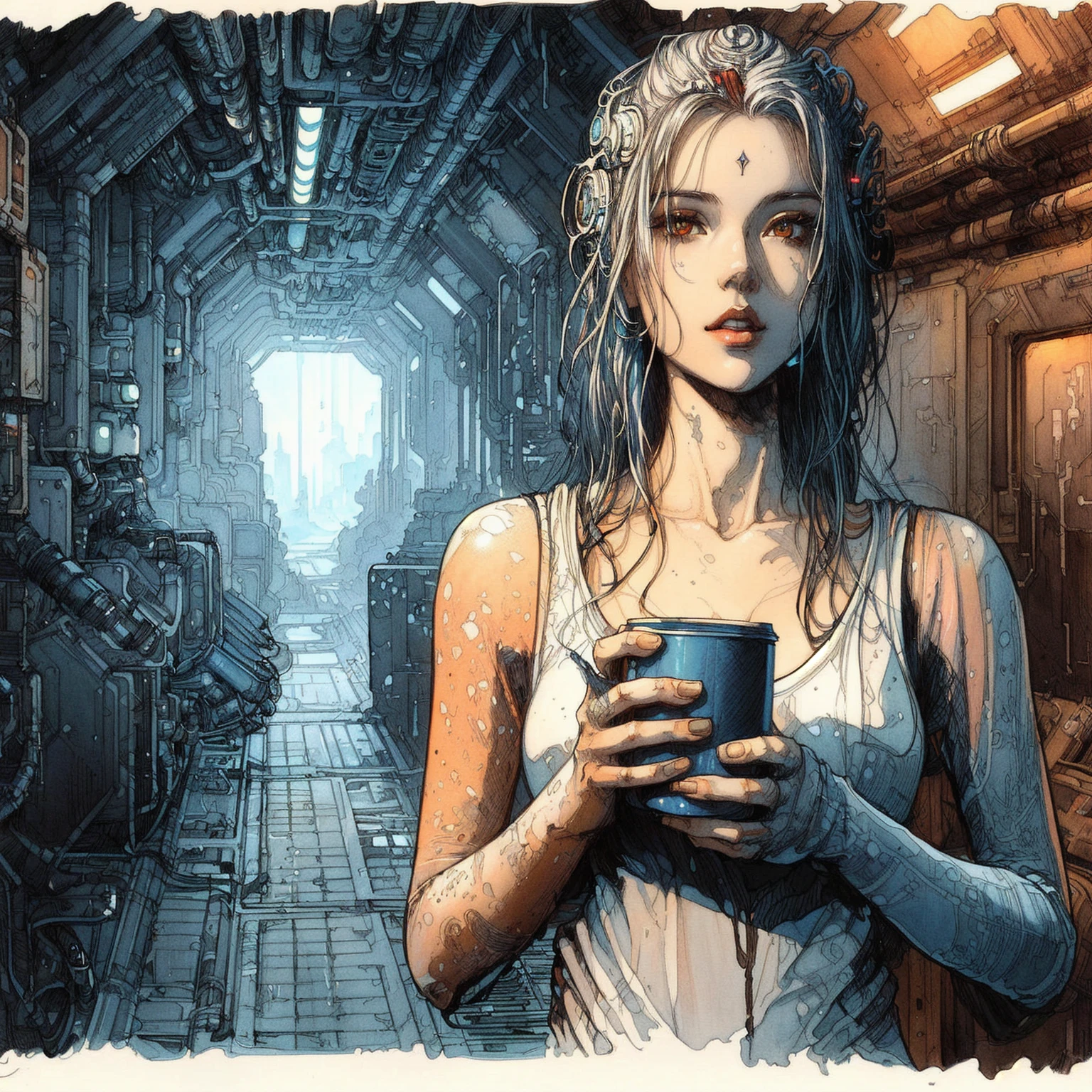 illustration of a woman holding a cup of coffee in a hallway, detailed sci-fi art, award winning scifi art, sci - fi illustrations, sci-fi illustrations, sci-fi digital art illustration, beautiful sci fi art, sci fi art, inspired by Enki Bilal, scifi art, science fiction art ], scifi illustration, science fiction art