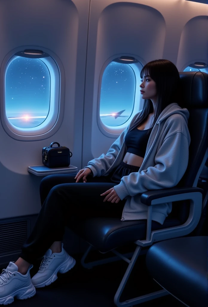 " A photorealistic image of Samm , Long hair short bangs ,  sitting in her armchair on an airplane during a night flight .  She is wearing a light gray oversized hoodie ,  a black cropped top that highlights her flat belly ,  high-waisted black joggers and chunky white sneakers .  Samira reclines comfortably ,  with a relaxed expression as she looks out the window ,  that reveals a dark sky dotted with stars and lights from the plane's wing. next to her,  there is a small black bag over the folding table ,  and the airplane lighting is soft ,  creating a cozy and tranquil environment ."