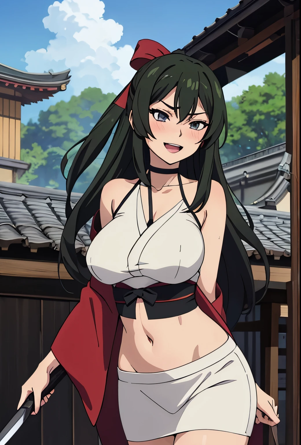 (safe:1.10), best quality, masterpiece, highres, solo, (ubel_sousounofrieren:1.10), anime_style, 15 , large breast, black hair, long hair, blush, lipstick, Hot girl, baddie, staring, glaring, bad attitude, mean girl, crazy, smoking, sensual, attractive, masterpiece, best quality, highly detailed, a anime girl in kimono dress ,holding sword, bare
shoulder,open kimono, evil smile, open mouth, crop top , (nsfw) not safe for work, smile, ecchi anime
style, anime girls, ecchi style, ecchi, digital anime art!!, in anime style, official artwork, visual novel cg,
beautiful anime girl, anime style 4 k, kimono pencil skirt, exposed belly, exposed navel,
exposed midriff, exposed lower belly, outdoor, japanese architecture, temple