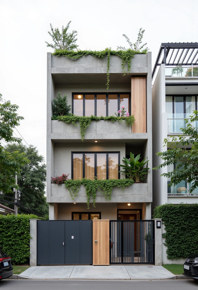 This image showcases a contemporary town-story house design, typical of urban Vietnamese architecture. The design prioritizes vertical space, integrates natural elements, and maintains a clean, modern aesthetic.
Structure and Form: The house is tall and narrow, maximizing the use of a limited footprint. The facade is primarily a light gray or concrete finish, providing a neutral backdrop. Clean lines and rectangular shapes define the structure.
Greenery: Integrated plants and greenery are a key feature. Planter boxes on each balcony and cascading vines create a vertical garden effect, softening the building's hard lines and bringing nature into the urban environment. The top floor features a more substantial planter box with a variety of plants, including some flowering species. A light-colored wood privacy screen on the top floor adds warmth and complements the greenery.
Entrance and Gate: The ground floor features a combined entrance and garage space. The gate is a mix of dark gray metal and warm-toned wood, adding visual interest and a touch of elegance. A low hedge provides privacy and defines the boundary of the property.

Windows and Balconies: Large windows and glass doors on each floor maximize natural light and ventilation. The windows likely have dark frames, creating a contrast with the lighter facade. The balconies have simple metal railings.

Rooftop Structure: A metal and glass awning or pergola covers the rooftop terrace, providing shade and a designated outdoor space.

Surroundings and Context: The house is situated in an urban environment, with trees and other buildings visible in the background. A black car parked on the street adds to the sense of scale and suggests an urban setting.

Overall Impression: The house design is modern, functional, and environmentally conscious. The integration of greenery softens the urban setting and creates a visually appealing facade. The mix of materials, including concrete, wood, and metal