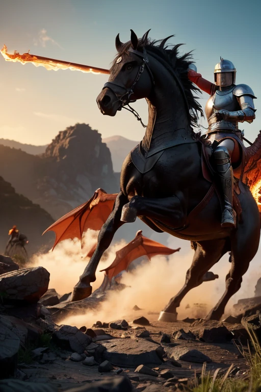 wide shot, realistic, 8k resolution, hyperdetailed, photographic detail, highly detailed, real life, studio lighting, high quality, heroic knight wearing silver armor, brave knight fighting, dirty knight, riding a black horse to battle a large dragon, holding a lance, large dragon is breathing fire, smoke mist on ground, magical background, orange sky, rocky terrain, hero's battle