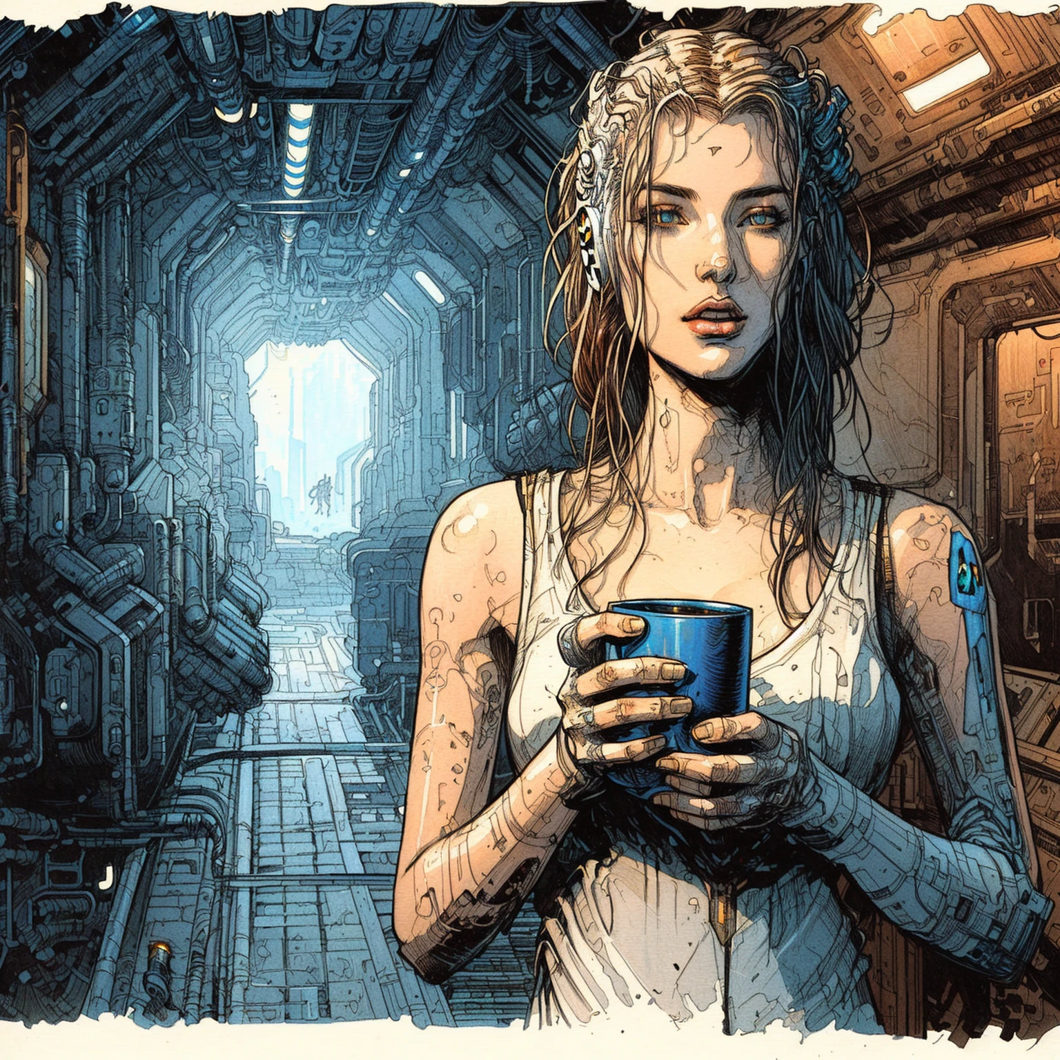 illustration of a woman holding a cup of coffee in a hallway, detailed sci-fi art, award winning scifi art, sci - fi illustrations, sci-fi illustrations, sci-fi digital art illustration, beautiful sci fi art, sci fi art, inspired by Enki Bilal, scifi art, science fiction art ], scifi illustration, science fiction art