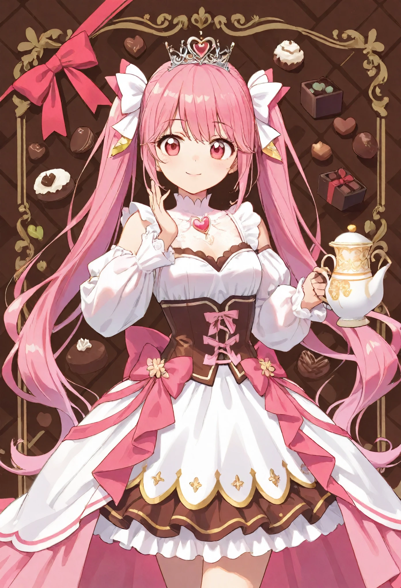 masterpiece, best quality, ultra-detailed, 1girl, long teal twin tails, pastel,wearing an elaborate fairytale-inspired dress, frilly white and pink with layers of lace and ribbons, adorned with heart and bow details, intricate patterns on the sleeves and skirt, delicate corset and puffed sleeves, large teacup with intricate latte art, chocolate box background, elegant and graceful pose, gentle lighting, soft whimsical atmosphere, sweets and chocolate theme, magical and dreamy