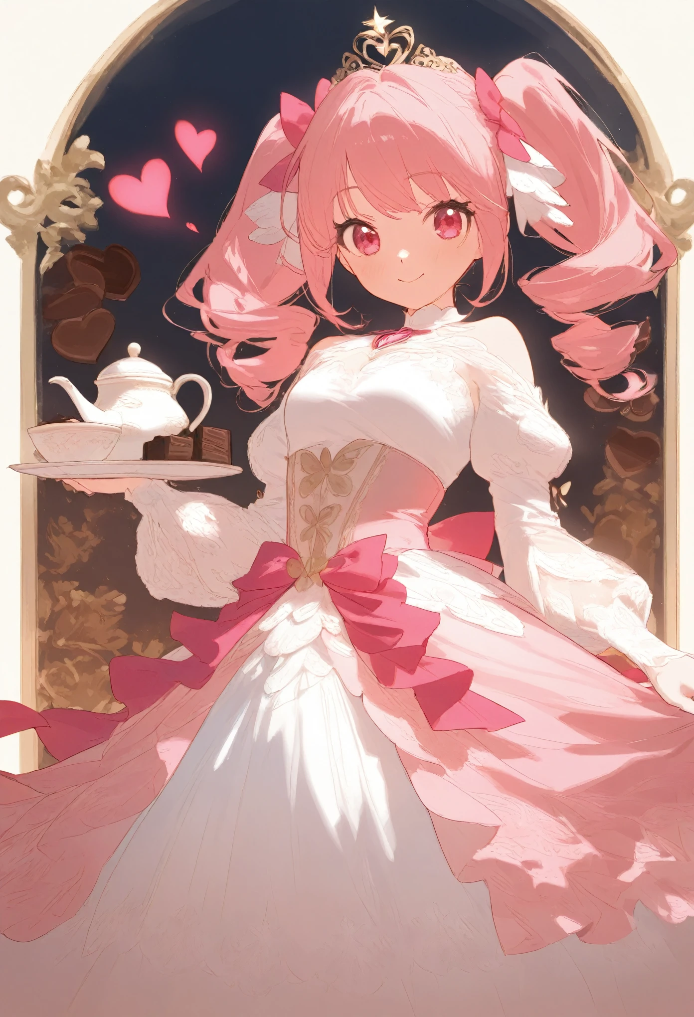 masterpiece, best quality, ultra-detailed, 1girl, long teal twin tails, pastel,wearing an elaborate fairytale-inspired dress, frilly white and pink with layers of lace and ribbons, adorned with heart and bow details, intricate patterns on the sleeves and skirt, delicate corset and puffed sleeves, large teacup with intricate latte art, chocolate box background, elegant and graceful pose, gentle lighting, soft whimsical atmosphere, sweets and chocolate theme, magical and dreamy