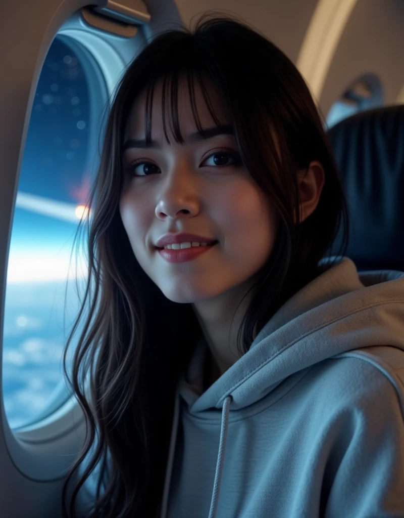 " A photorealistic image of a close up of Samm , Long hair short bangs ,  inside the plane during a night flight .  She is wearing a light gray oversized hoodie ,  that delicately frames her face .  The soft light of the cabin highlights her striking features and her flawless skin . In the background,  the reflection of the stars and the light of the plane's wing appears in the window , creating a tranquil setting .  Samira looks out with a faint smile ,  conveying serenity and elegance while the surrounding environment maintains a cozy atmosphere."