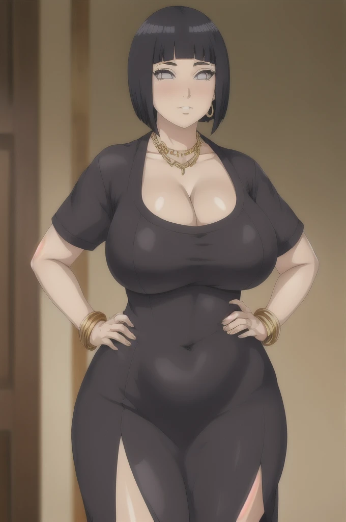 Hinata hyuuga,Big breast,Cleavage,Gold chain necklace,Gold hoopa bracelet,((Gold bar earring)),Long nail,Skindentation,Wedding ring,ear visible,SHORT SLEEVE thin black dress,Solo,1girl,Detailed hand,Standing,((Body facing front)),Visible nape,Glossy lips,Wide hip,Curvy figure,Light blush,visible kunoichi bra,Gaze on viewer