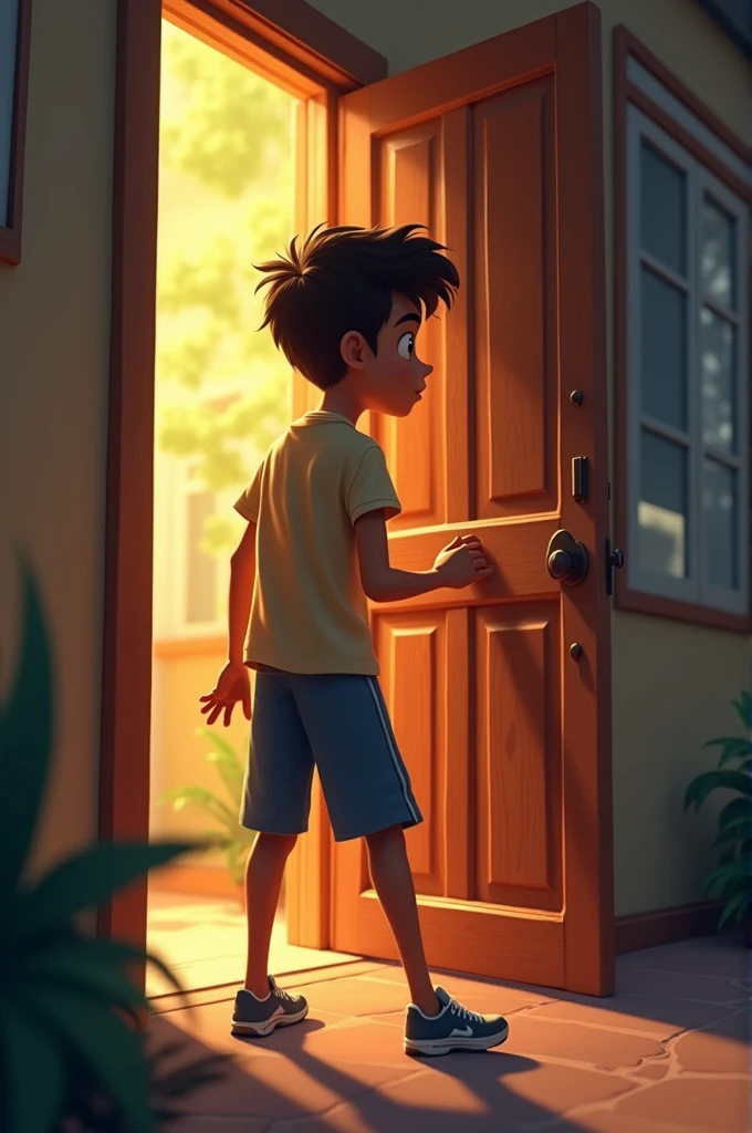 a adult boy stand near to house door and looking something which are out side of rahul house,rahul wearing yellow T-shirt and blue jeans and black shoe,,in the style of a Pixar or animated film, with detailed textures and lighting, vibrant colors, and a whimsical, lighthearted tone