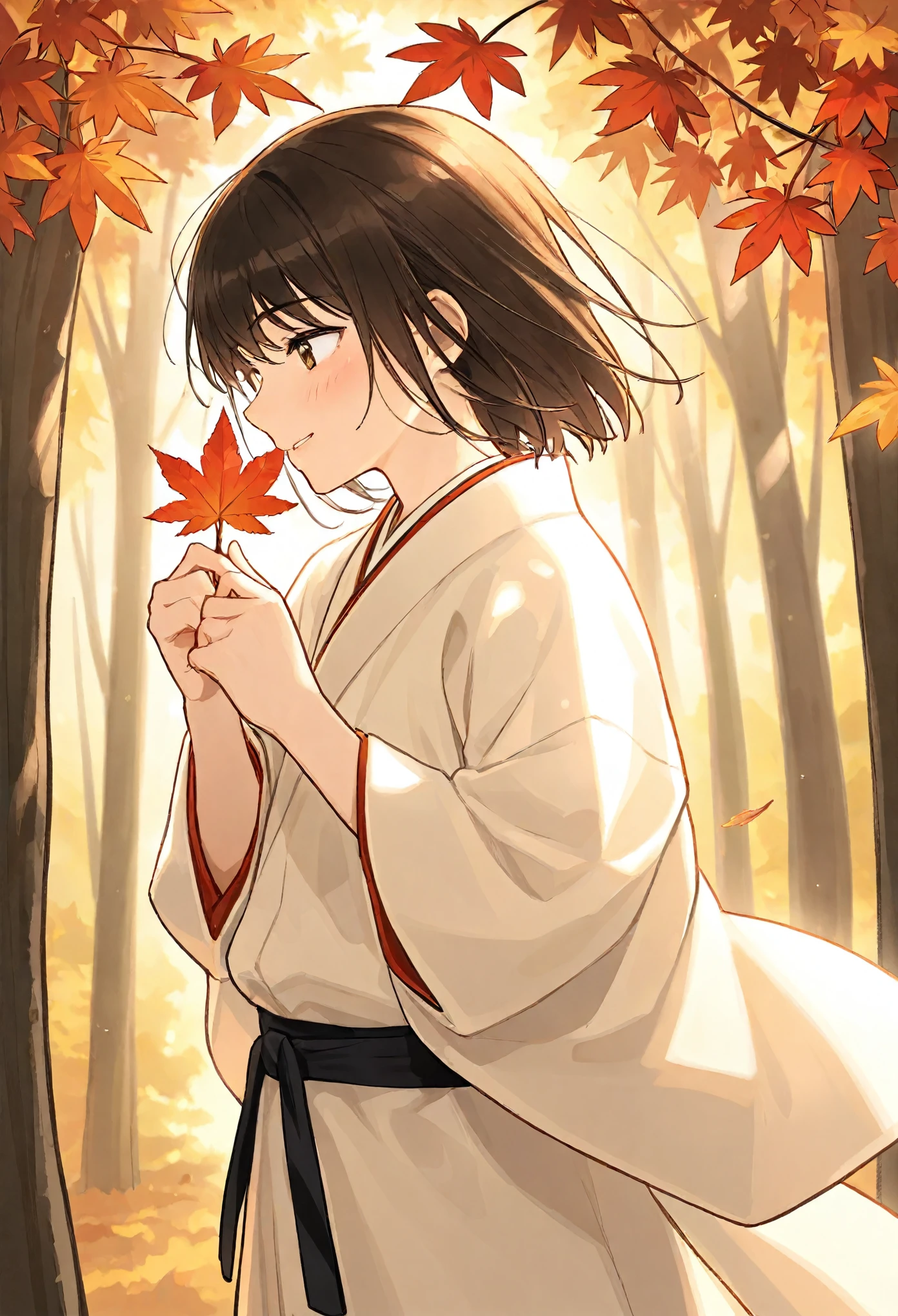 illustration, best quality, side view, 1boy, holding a red maple leaf, gentle expression, autumn leaves falling, sunlight filtering through trees, soft and warm lighting, traditional Japanese outfit with red and gold accents, serene and nostalgic atmosphere, forest background with golden foliage, peaceful and reflective vibe