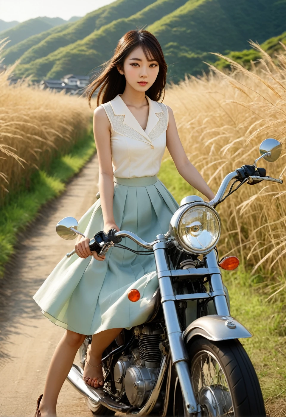  Japanese high school girl in the countryside 、 poor but filial piety 、全身 beautifully contoured eyes 、 beautifully contoured lips 、 beautifully contoured eyes {x} eyes and face are drawn in very detail、 long eyelashes 、Full body skirt image 、 riding a motorcycle out of the countryside to the city 、Warm sunshine、Natural color tones、 full body landscape 、Best Quality、4K、8k、