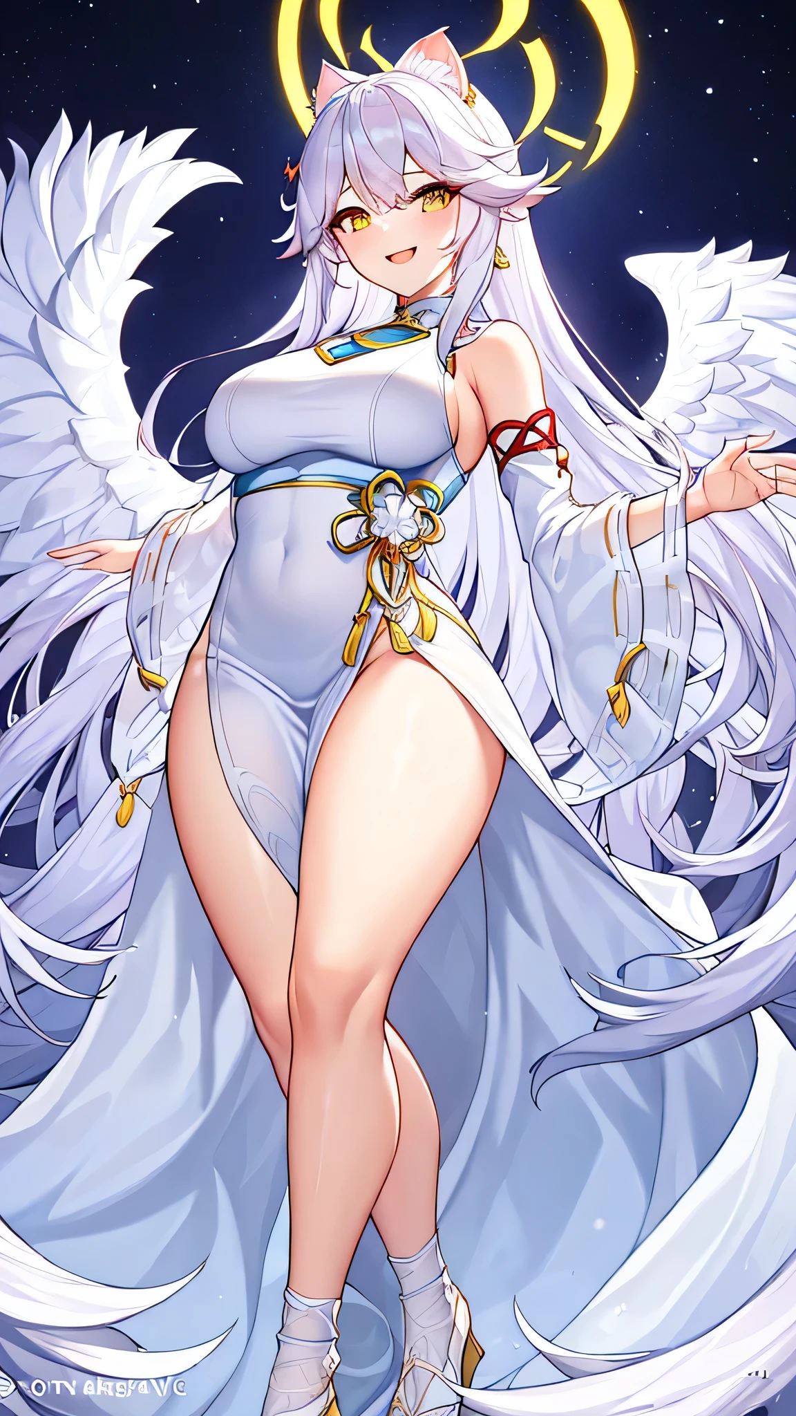 Full body (Angel girl age 26 yearold) ( long hair white hair) Yellow eyes. There are ears of a white cat. (Big Angel Wings) There is a glowing yellow halo ring on the head. Hands are complete. (ชุด White evening dress เปิดไหล่ Sleeveless long dresses sexy) (White miko sleeve) Long white socks, standing, smiling