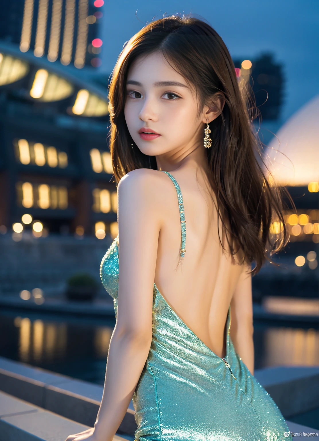 Masterpiece, 4K, bokeh, Photorealistic, high school girl sitting on the beach, (Japanese idle:1.6), Lightbrown long hair, Light brown eyes, Plump breast, Looking at the viewer, Blushed face, Close up, (Silver metallic dress), (Gemstones decoration:1.2, Colorful Gemstones:1.2), (Dress embellished, Sequins), sunset seashore, Beautiful sky and clouds, cowboy shot,