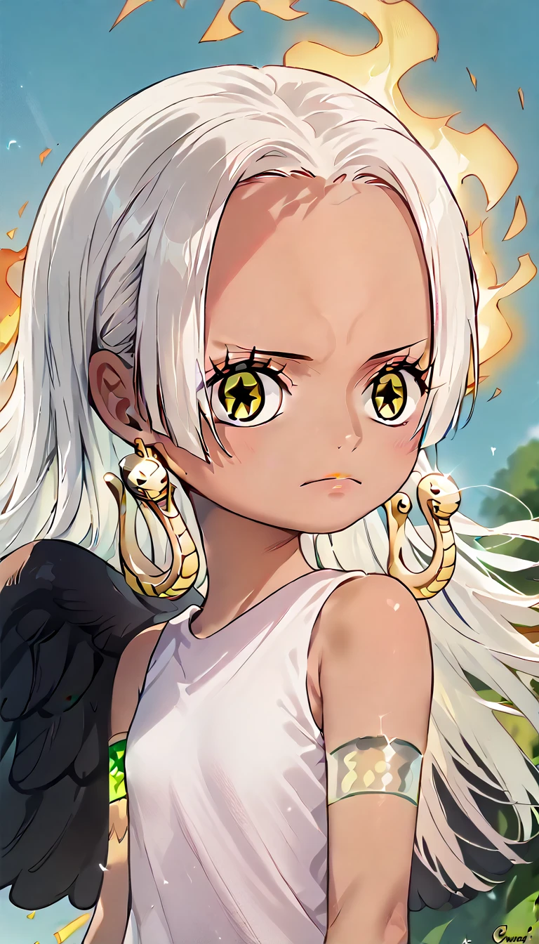 1 Girl,Earthsnake , Long Hair, white hair, Brown Skin、,  earrings for a woman alone, Yellow Eyes, symbol-shaped pupils,   black wings  ,  small breasts.  sundress,  white dress,  sleeveless, armlet、 cute、Flames on the back、