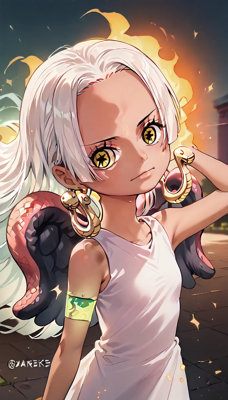 1 Girl,Earthsnake , Long Hair, white hair, Brown Skin、,  earrings for a woman alone, Yellow Eyes, symbol-shaped pupils,   black wings  ,  small breasts.  sundress,  white dress,  sleeveless, armlet、 cute、Flames on the back、