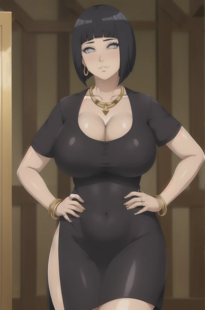 Hinata hyuuga,Big breast,Cleavage,Gold chain necklace,Gold hoopa bracelet,((Gold bar earring)),Long nail,Skindentation,Wedding ring,ear visible,SHORT SLEEVE thin black dress,Solo,1girl,Detailed hand,Standing,((Body facing front)),Visible nape,Glossy lips,Wide hip,Curvy figure,Light blush,Gaze on viewer,Swaying hip