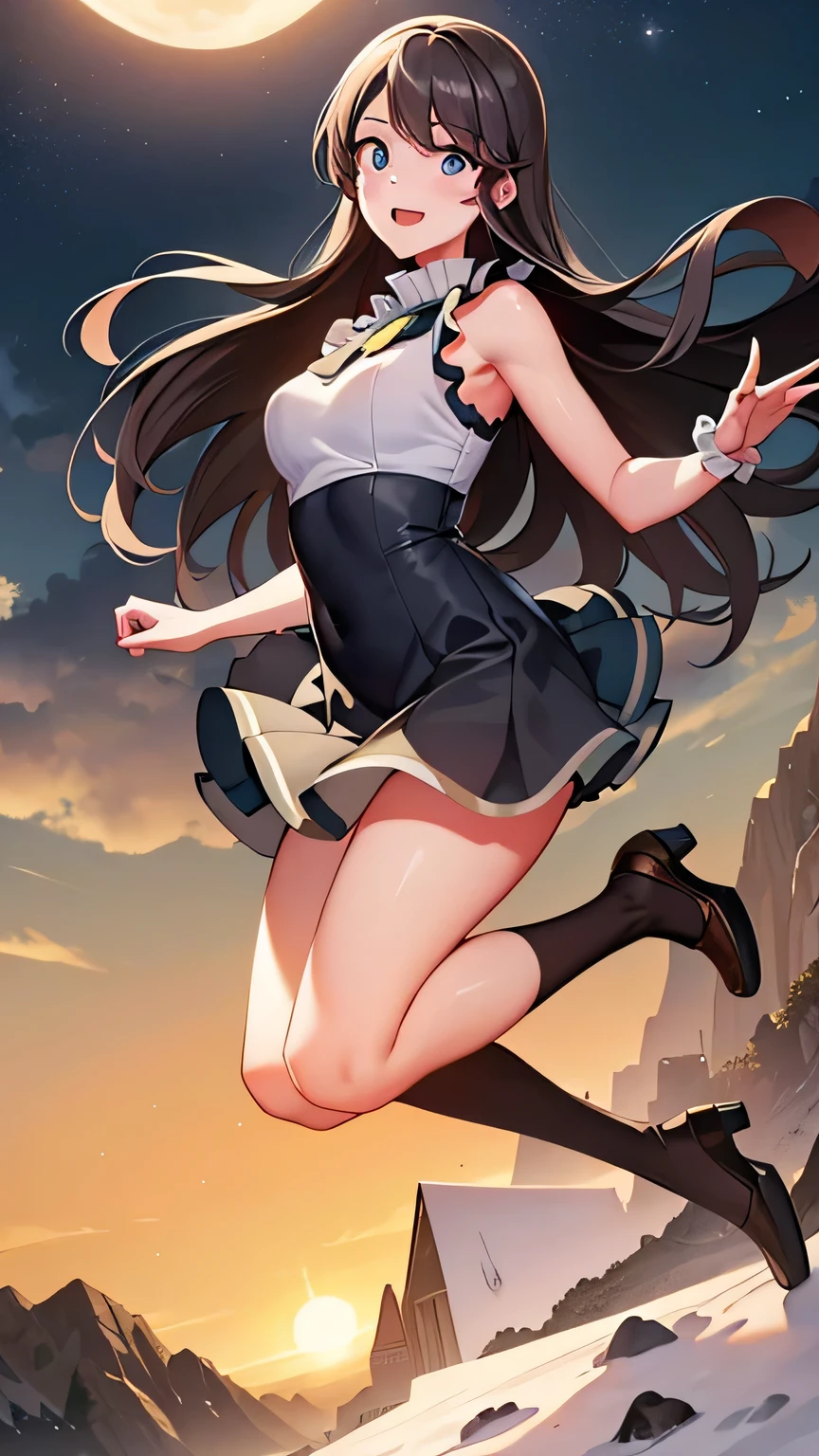 quality, masterpiece, highly detailed, masterpiece, tilly wimbledon, sleeveless, 1girl, smile, open mouth, blush, detailed face, detailed eyes, medium breast, blue eyes, top of mountain, city view, night, moon, armpit, ((full body)), flying in the air