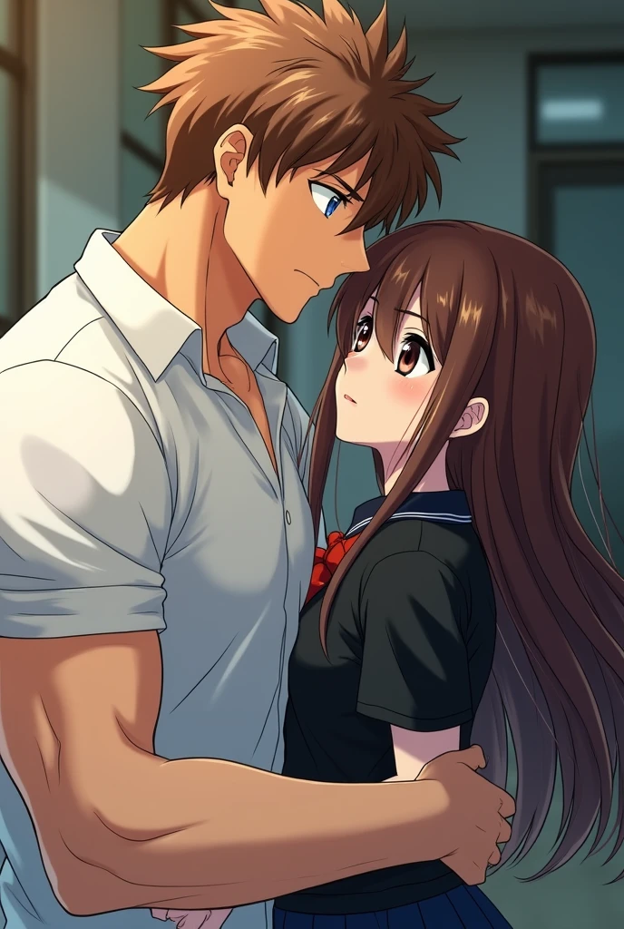 Masterpiece, Best quality, A high resolution, A high school girl wears a long ponytail,Chocolate colored hair,Wearing a black vest,Brown coat,Short brown skirt,Kissing a brown-haired man,And saliva drawing