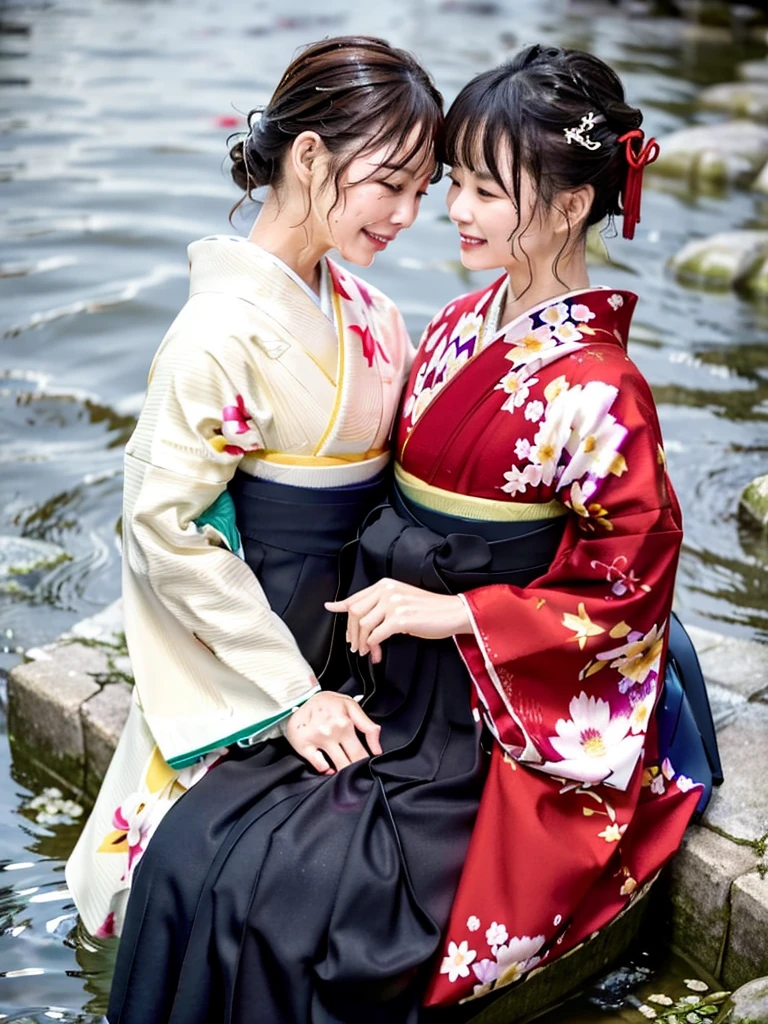 Realistic, long-sleeved kimono, hakama, long hakama, floral kimono, wet clothes, soaking wet clothes, wet and shiny clothes, clothes with a wet texture, clothes clinging to the body, woman submerged in a river, hakama submerged in a river, woman submerged in water, hakama submerged in water, women embracing each other