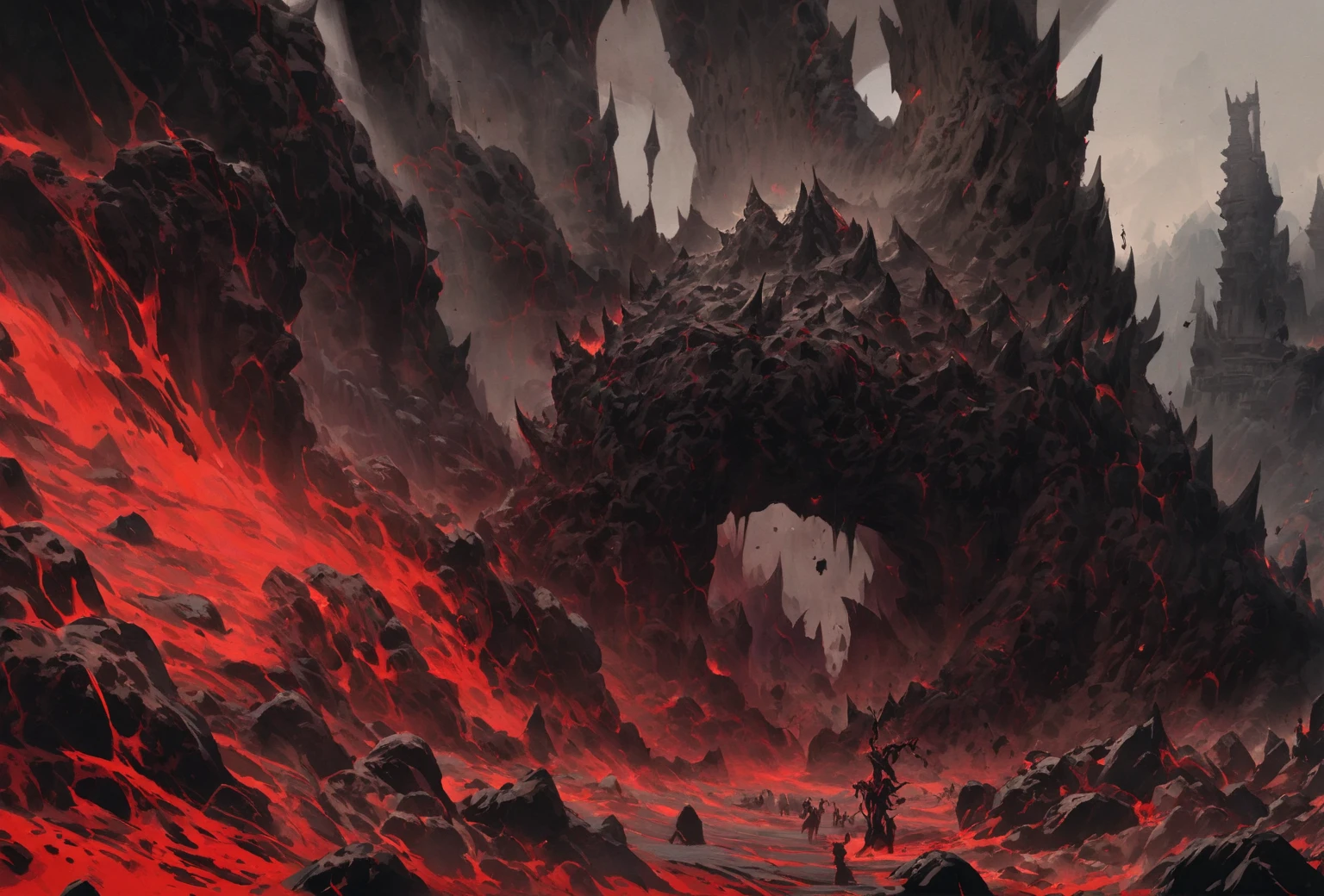 masterpiece, best quality, highres, ultra-detailed, dark night, horror, creepy ancient evil creature, abandoned mine, (manga spread by kentaro miura, tsutomu nihei)