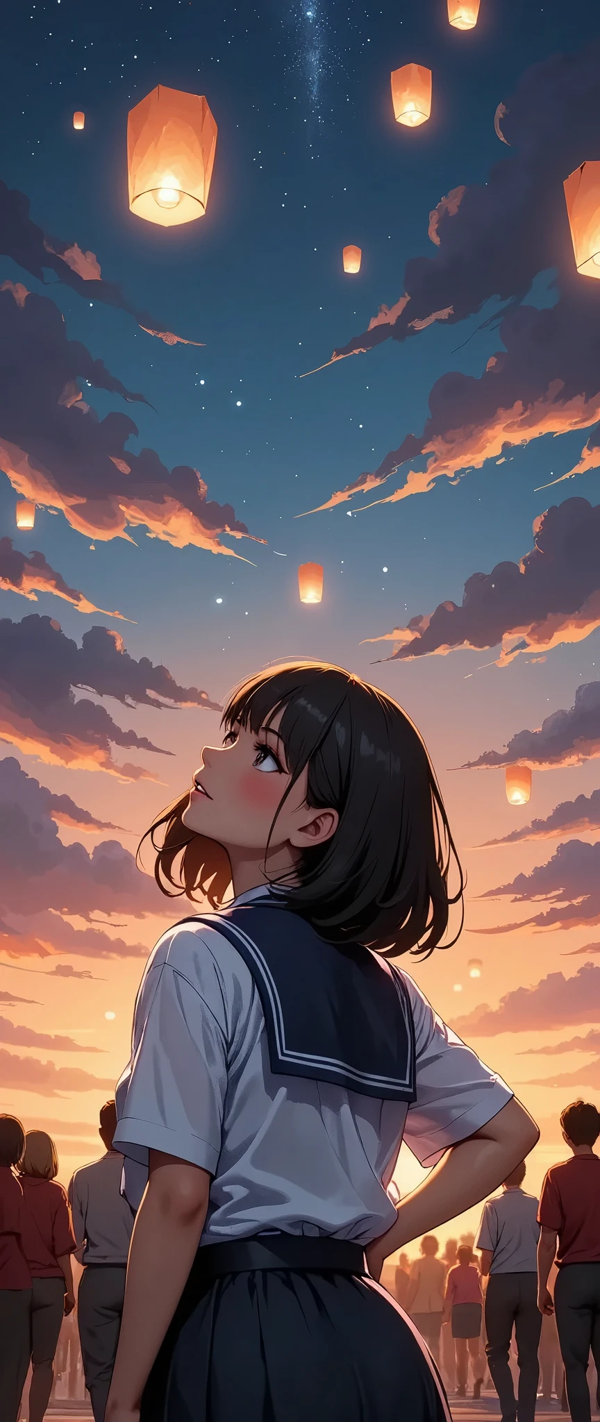 a girl looking up at floating lanterns in the sky, fantasy art, (best quality,4k,8k,highres,masterpiece:1.2),ultra-detailed,(realistic,photorealistic,photo-realistic:1.37),1girl,beautiful detailed eyes,beautiful detailed lips,extremely detailed eyes and face,longeyelashes,cinematic lighting,glowing lanterns,dramatic sky,warm colors,fantasy landscape,dreamlike atmosphere,magical