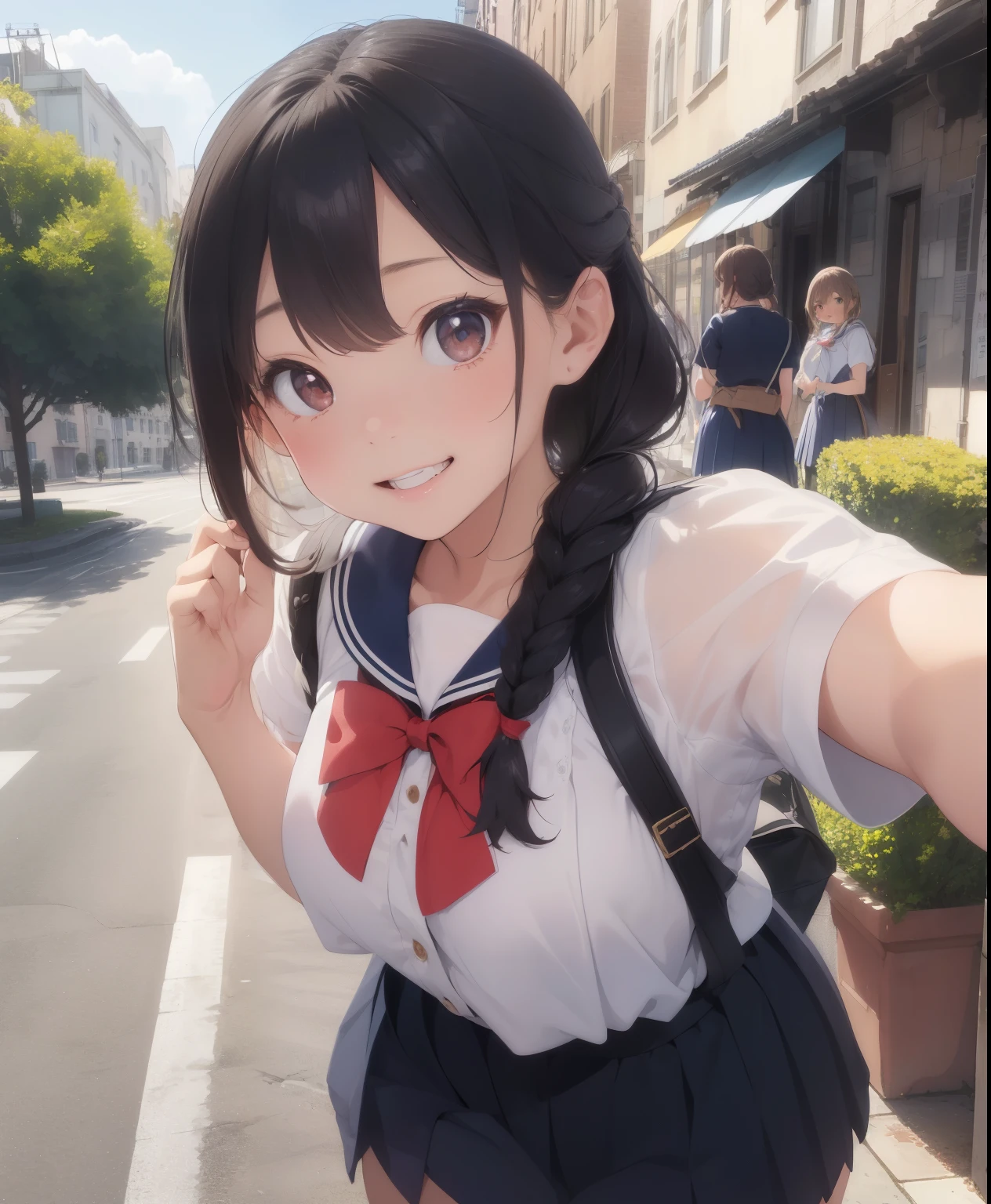 (masterpiece、Best Quality、Best Quality、 OFFICIAL ART、 beautiful and beautiful :1.2)、(One person:1.3),Beautiful breasts,Best Quality、 Hi-Res、 detailed background、( beautiful face down to the smallest detail:1.4)、 anatomically accurate、age Beauty、Cute hair colour、 braid ponytail、 braided bob cut 、 well-groomed eyebrows 、Dark colored sailor uniform 、 white sailor color、 pleated skirt、 white stockings 、Jokingly、Big smile、Do cute things、School trip、 You can also take pictures with famous landmarks and symbols of your travel destination.、( 3 beautiful girls take selfies to the world 'The most famous tourist attraction is in the background :1.5)