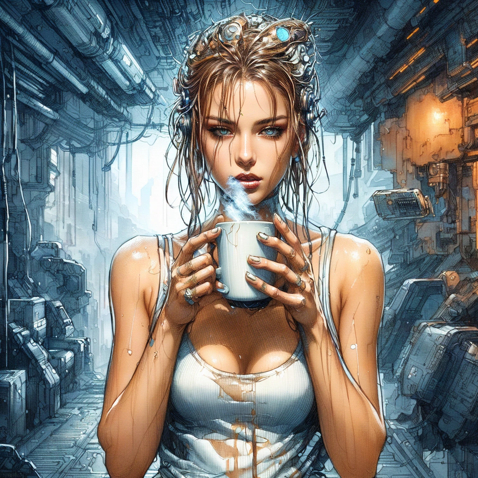 arafed image of a woman holding a cup of coffee, karol bak uhd, beautiful digital artwork, great digital art with details, amazing digital art, art of alessandro pautasso, beauty blade runner woman, realistic digital art 4 k, realistic digital art 4k, cyberpunk themed art, 4k detailed digital art, cyberpunk art, cyberpunk beautiful girl