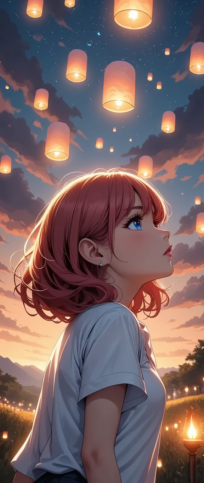 a girl looking up at floating lanterns in the sky, fantasy art, (best quality,4k,8k,highres,masterpiece:1.2),ultra-detailed,(realistic,photorealistic,photo-realistic:1.37),1girl,beautiful detailed eyes,beautiful detailed lips,extremely detailed eyes and face,longeyelashes,cinematic lighting,glowing lanterns,dramatic sky,warm colors,fantasy landscape,dreamlike atmosphere,magical