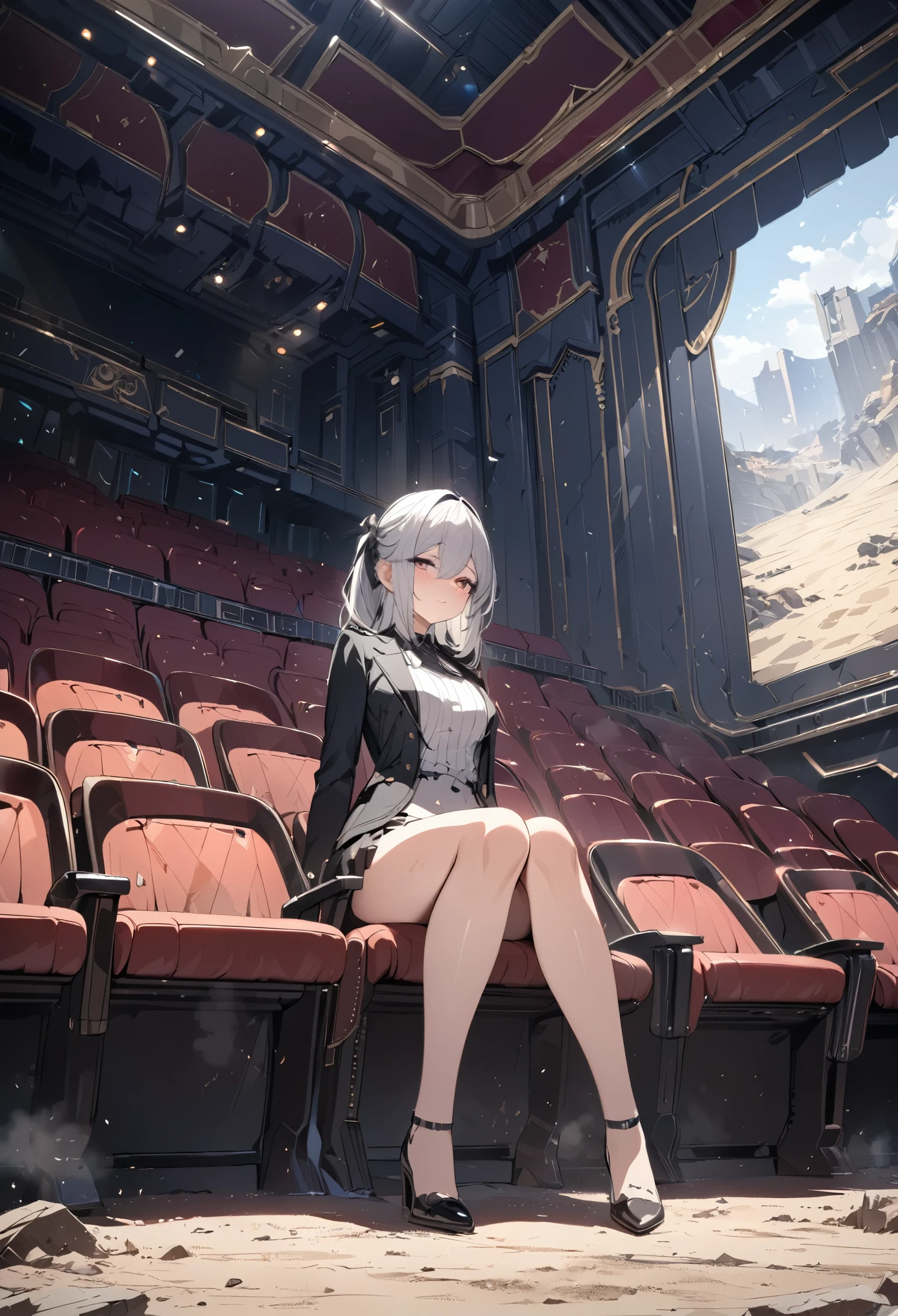 masterpiece, best quality, 8k, highres, ultra-detailed, HDR, UHD,desolate theater,dirty,dust, 1girl,sitting seat,close up,ground shot