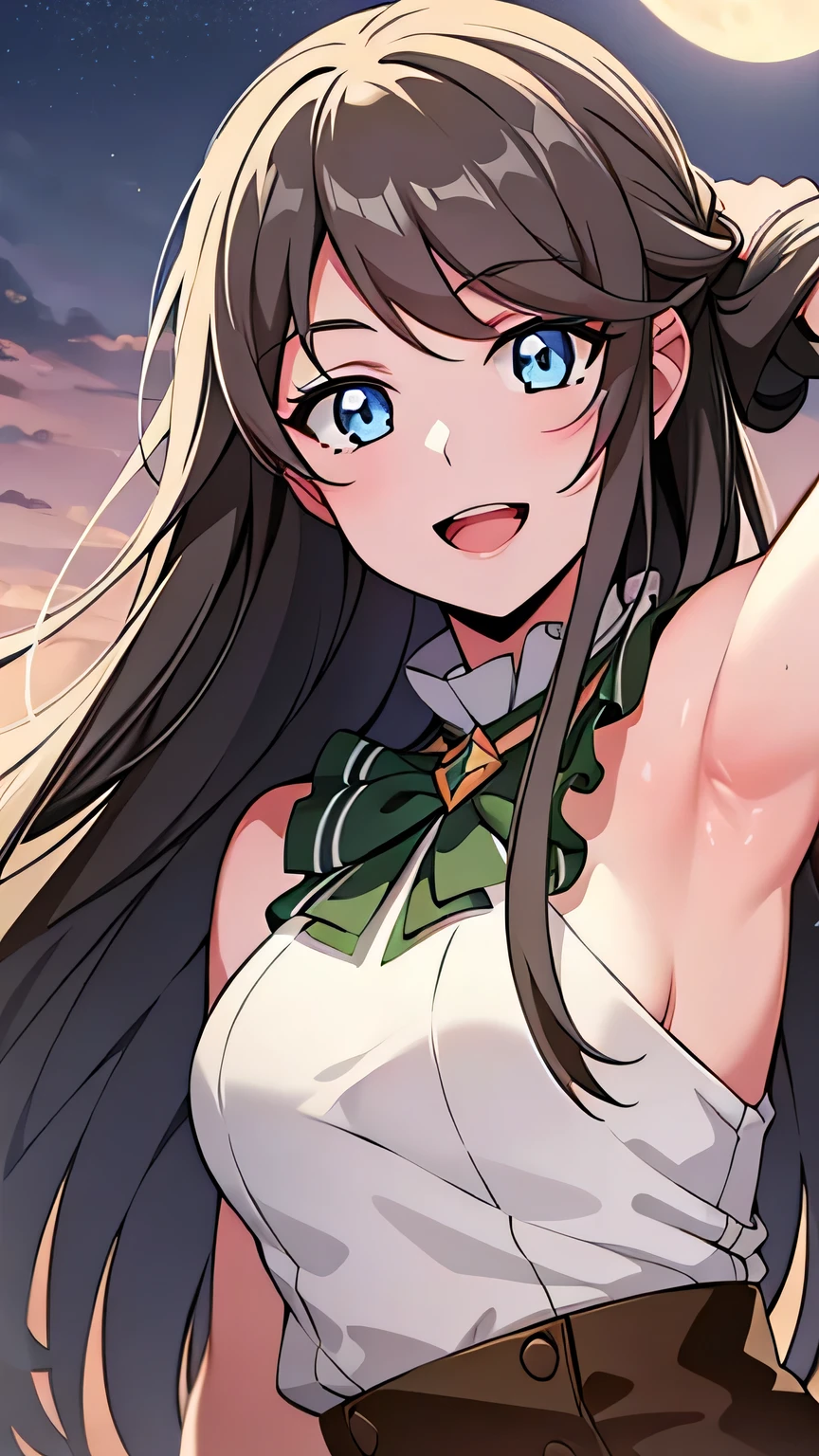 quality, masterpiece, highly detailed, 8k, masterpiece, tilly wimbledon, sleeveless, 1girl, smile, open mouth, blush, detailed face, detailed eyes, medium breast, blue eyes, top of mountain, night, moon, armpit