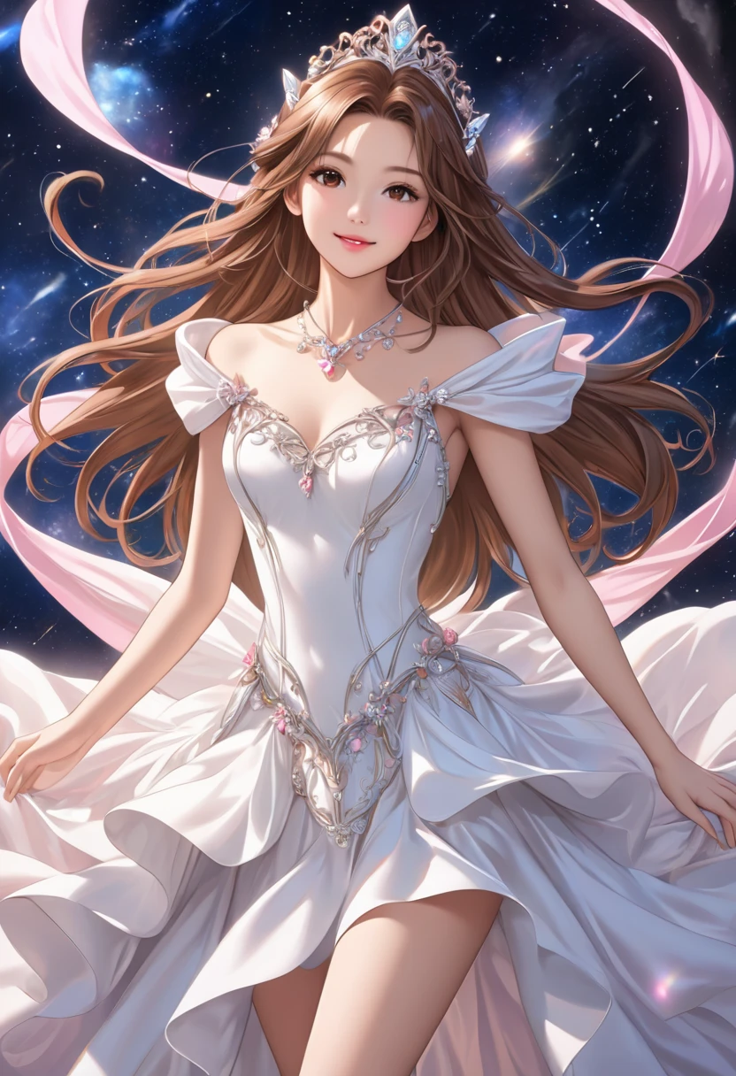 (masterpiece, Best Quality, 8k,  Hi-Res), Beautiful single woman, Anatomically accurate and beautiful body ,  beautiful face,  beautiful brown eyed middle school students ,  pink lips, Cosplay Costumes,  Medium Chest ,  silver tiara standing in space ,  hair stick, luxury, noble, Royalty, (delicate,  Gentle Poses),  looks at viewers and smiles lightly,  wind flutters my hair, (Long brown hair), Detailed anime style illustration art, automatic,