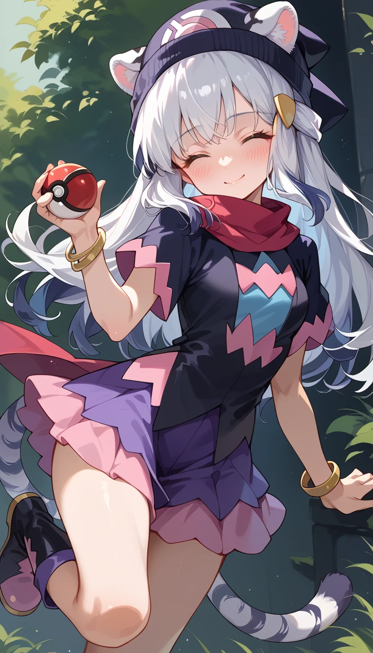 ((masterpiece)), 1girl, solo, long hair, white tiger ears, white tiger tail, closed eyes, ((Dawn's outfit)), purple outfit, black outfit, multicolored outfit, bracelet, high black boots, blush, short skirt, thick hair, looking at viewer, teasing smile, Dawn's hat, holding pokeball, dark hat, white hair, two-tone hair.