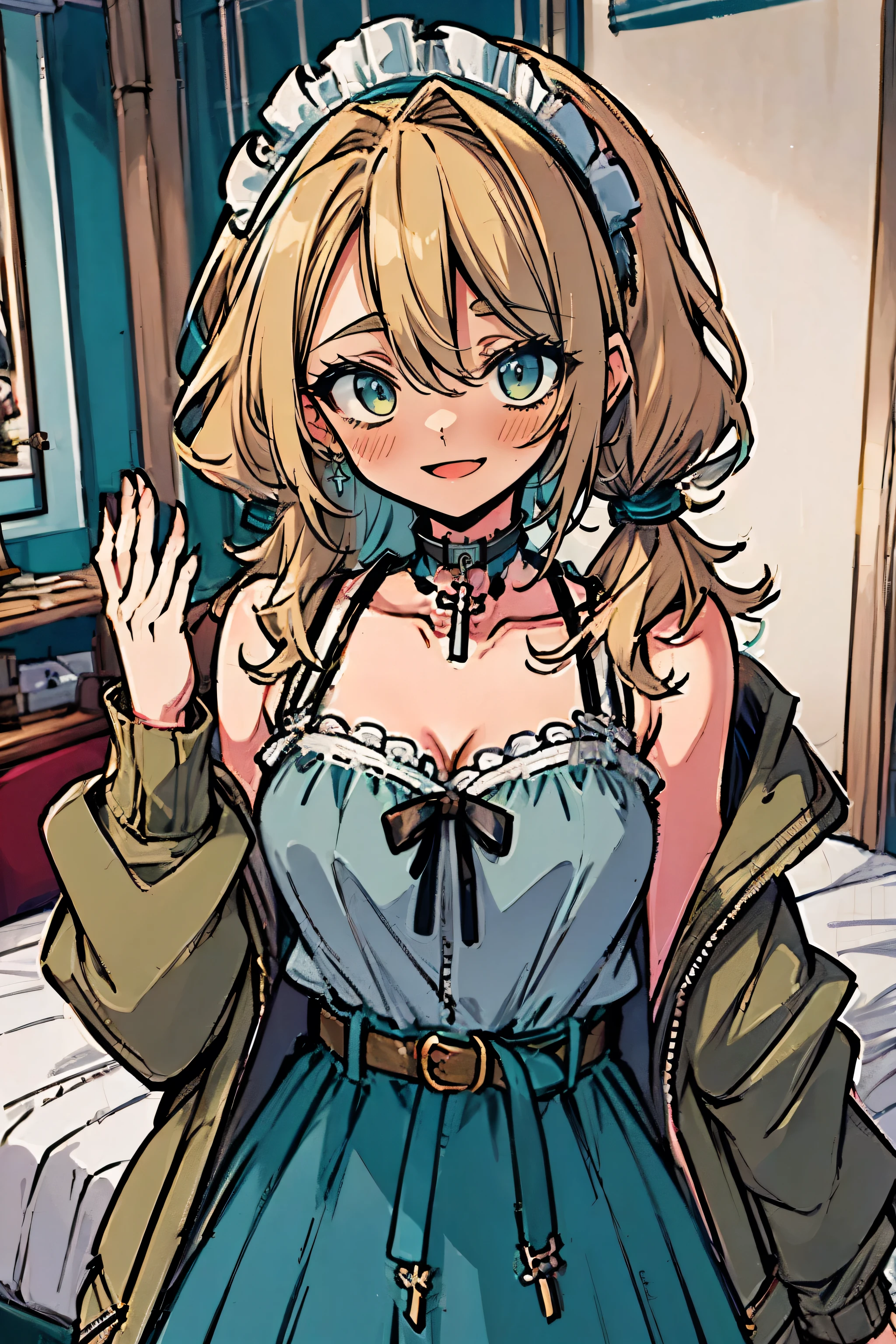 (masterpiece:1.2), (high quality:1.2), rekkyo sensen, rekkyou sensen, girls with(((1girl, solo, aiden d adams, blonde hair, teal eyes, smiling, blush, opened mouth, maid headdress, wavy medium hair, side bangs, low twintail:1.3), maid, breasts, choker, cleavage, coat, cowboy shot, white frilled dress, camisole, ribbon waist belt, collar, collarbone, rosary, rosary choker, cross, fur, khaki hoodie, green hoodie, hood down, hooded coat, hooded jacket, hoodie, jacket, large breasts, long hair, long sleeves, medium breasts, open clothes, open coat,open hoodie, sleeveless, winter clothes, zipper, cleavage, upper body, hand up, waving, palm)), background with((bedroom, room:2.0))