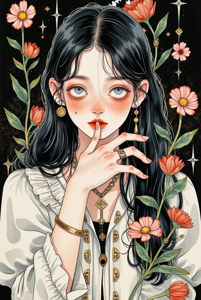 a woman with a ring on her finger and a flower in her hand, a character portrait inspired by Ayako Rokkaku, tumblr, gothic art, dark illustration, korean art nouveau anime, a beautiful artwork illustration, trending on artstration, art style of junji ito, gothic art style, high detailed + tarot card, gothic girl, detailed fanart