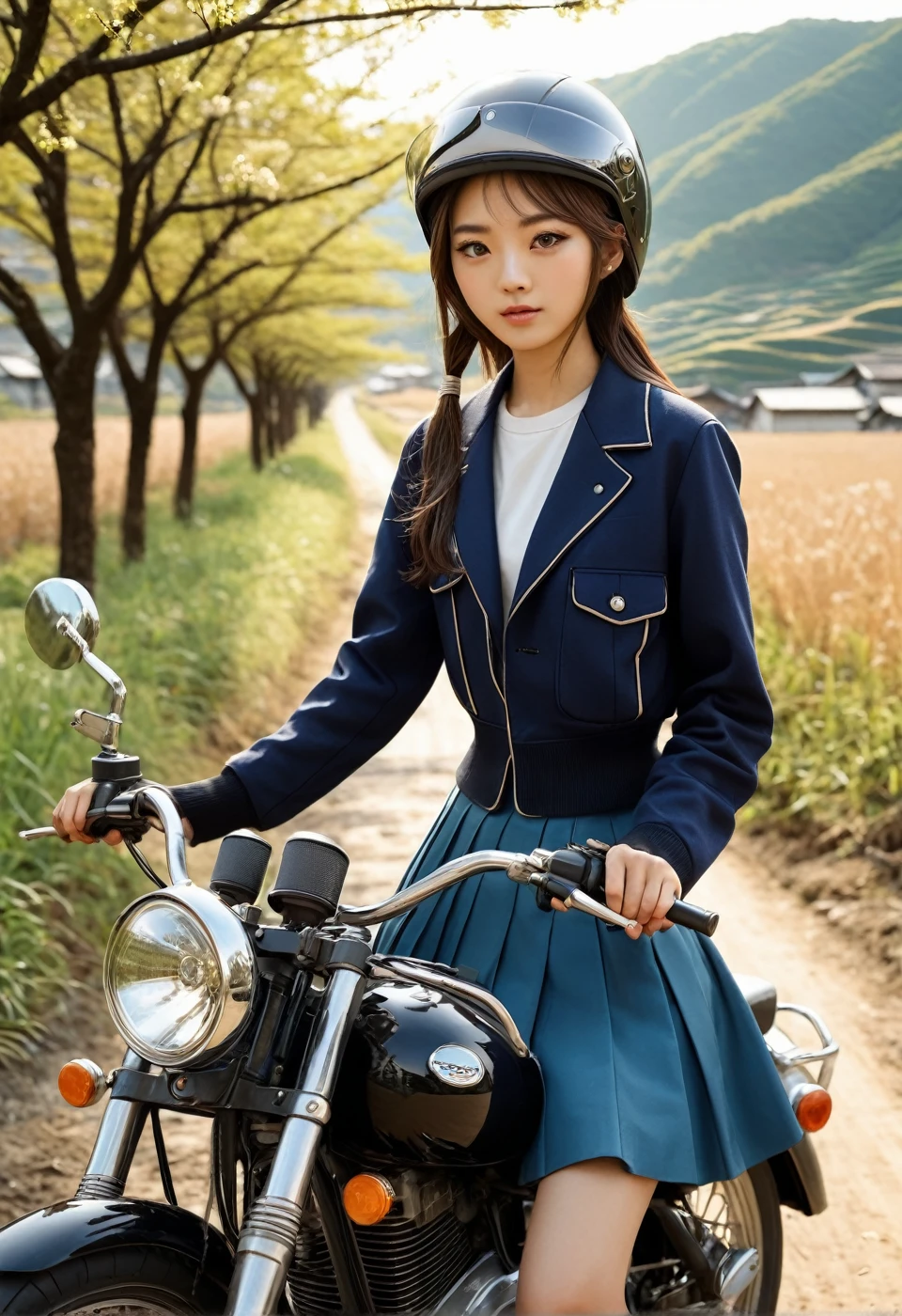  Japanese high school girl in the countryside 、 poor but filial piety 、全身 beautifully contoured eyes 、 beautifully contoured lips 、 beautifully contoured eyes {x} eyes and face are drawn in very detail、 long eyelashes 、Full body skirt image 、 riding a motorcycle out of the countryside to the city 、cute helmet wearing warm sunshine、Natural color tones、 full body landscape 、Best Quality、4K、8k、