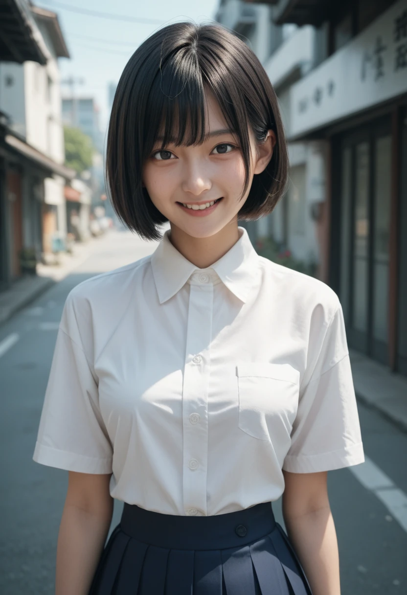 Japanese,black hair,bob cut,black eyes,medium breasts,white dress shirt,dark blue skirt,pleated skirt,smile,upper body