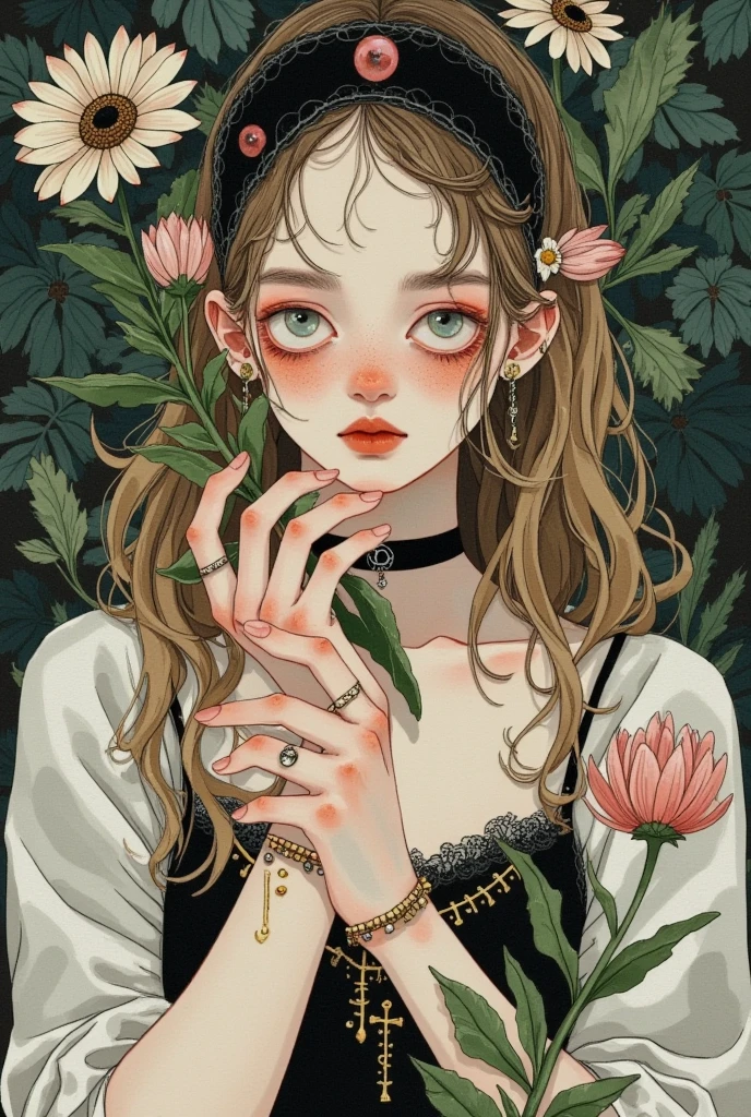 a woman with a ring on her finger and a flower in her hand, a character portrait inspired by Ayako Rokkaku, tumblr, gothic art, dark illustration, korean art nouveau anime, a beautiful artwork illustration, trending on artstration, art style of junji ito, gothic art style, high detailed + tarot card, gothic girl, detailed fanart