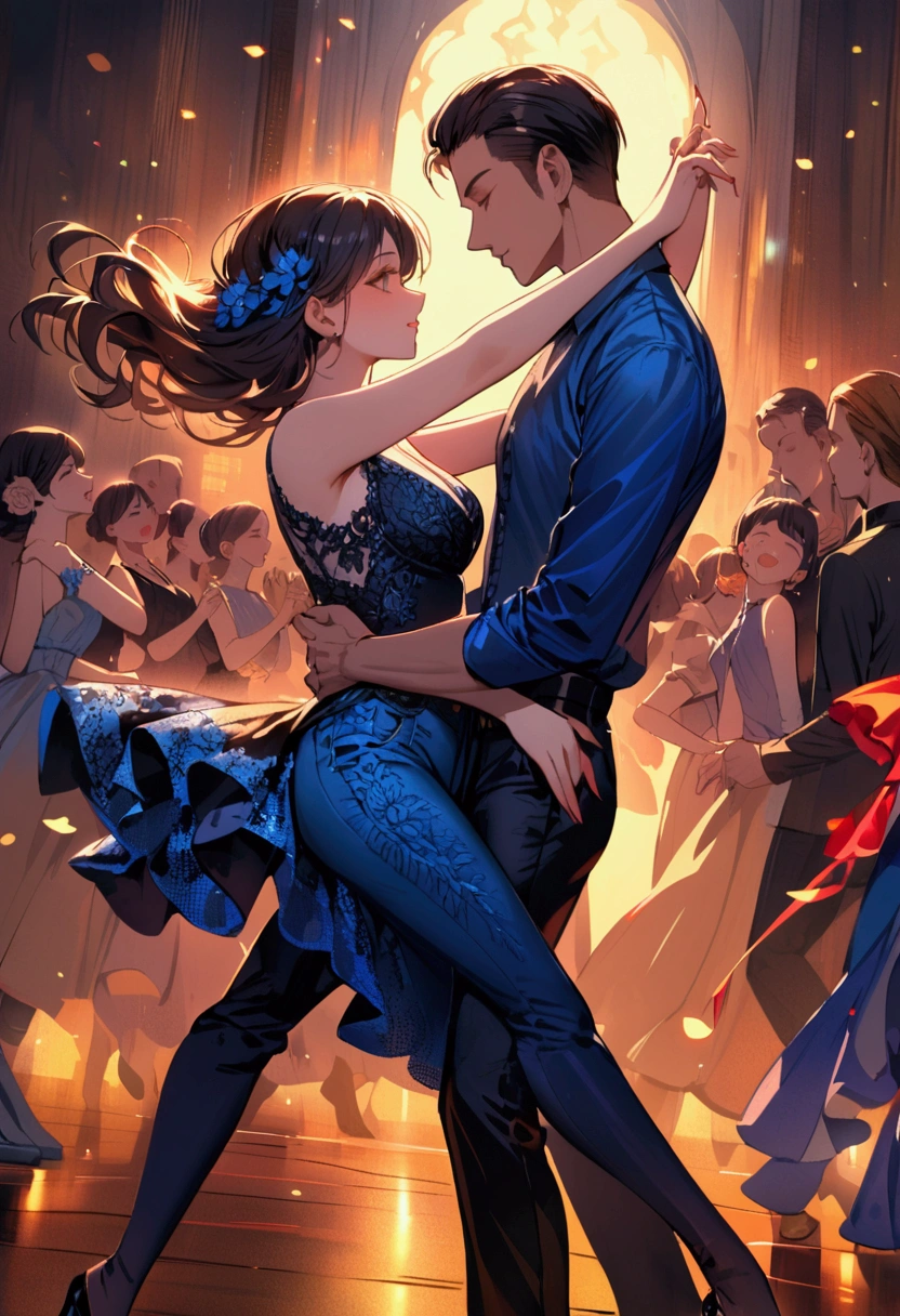 Create a mesmerizing image inspired by the romantic chemistry between Emma Stone and Ryan Gosling in 'La La Land.' They are seen passionately dancing in a futuristic, sci-fi cityscape. The city should be adorned with neon lights, floating vehicles, and skyscrapers that stretch into the starry night sky, blending elements of romance and science fiction seamlessly, detailed face, photo realistic