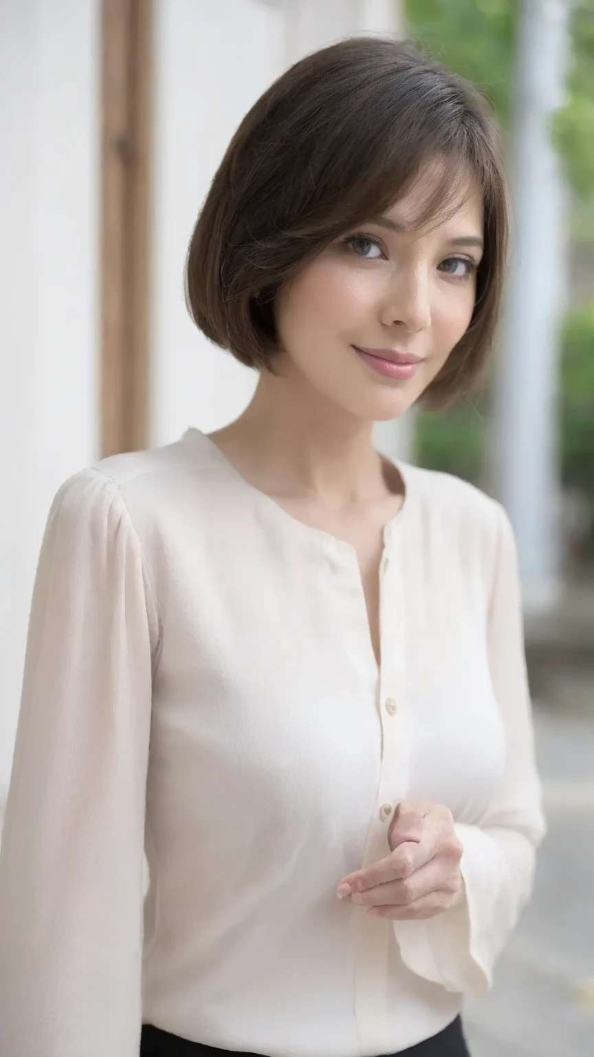 ((Best Quality)), ((8k)), ((masterpiece: 1.3)), (Perfect appearance), ( photorealism: 1.6), (nn), (Mature woman standing),  perfect anatomy, ((65 years old)), ((front button blouse )), ((Blouse with only thru-sleeve)), ((I'm trying to take off my blouse by removing all the )),  very short hair , (( flat chest)),  driveway in the prairie , (Upper body close-up), ((Busy street corner)),