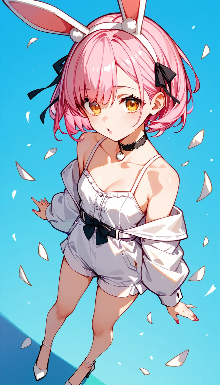 1girl, , 4 yete, happy, short hair, twintail hair, ((cute pink mini dress)), upskirt, standing, ((((cum inside panties)))), warm panties, white background