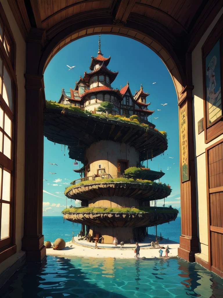 “An ancient library built inside a massive conch shell on the shore ...