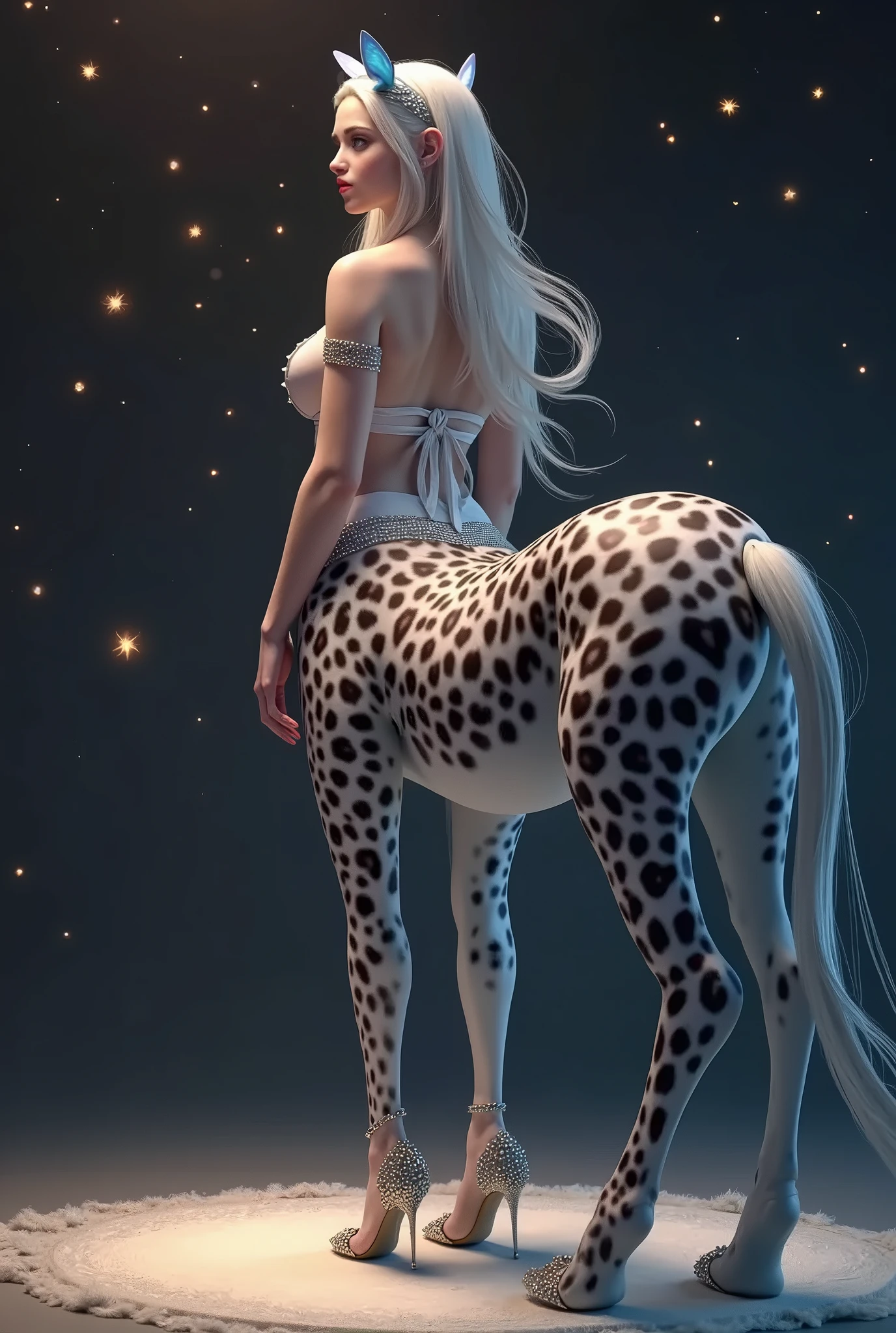 Extreme detail CG Unity 8K wallpaper, masterpiece, highest quality), (exquisite light and shadow, highly dramatic graphics, cinematic lens effects), two people yan and li, (yan is a centaur, a mare in a white lace costume, an old man on the side, a human head horse body, hybrid, no panties, four hooves, white horse, fat buttocks, eager to mate, bikini, open ass with hands, lace bra, exposed, waiting back, transparent lace panties, double ponytail, wild, seductive silver-gray hair color , from the planet centaur, Kardashian, centaur, standing, hooves open) (li is an old man with a whip in his hand, whipping yan) --auto --s2