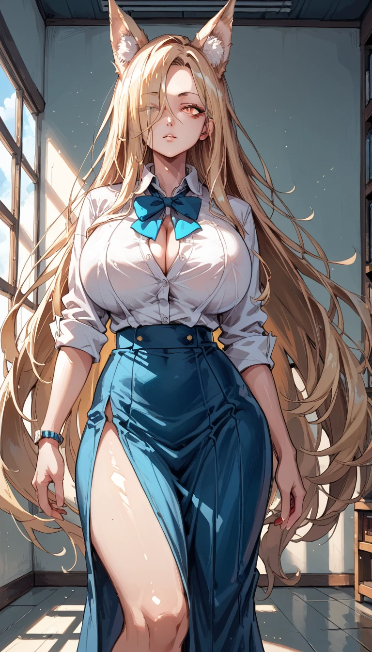 Cold Stare,(hi-quality,high resolution),(Fox Ears),(forehead,long hair over one eye),((((long slit eyes)))),((side parted hair)),((oblong face)),((huge breasts)),(((very narrow eyes)))((,Clear Eyes,Perfect Eyes,clear lines)),Blonde,Long Hair,Old room,Magic School Uniform,Delinquent Girl,gal,mini skirt, clothes are exposed,((anime))