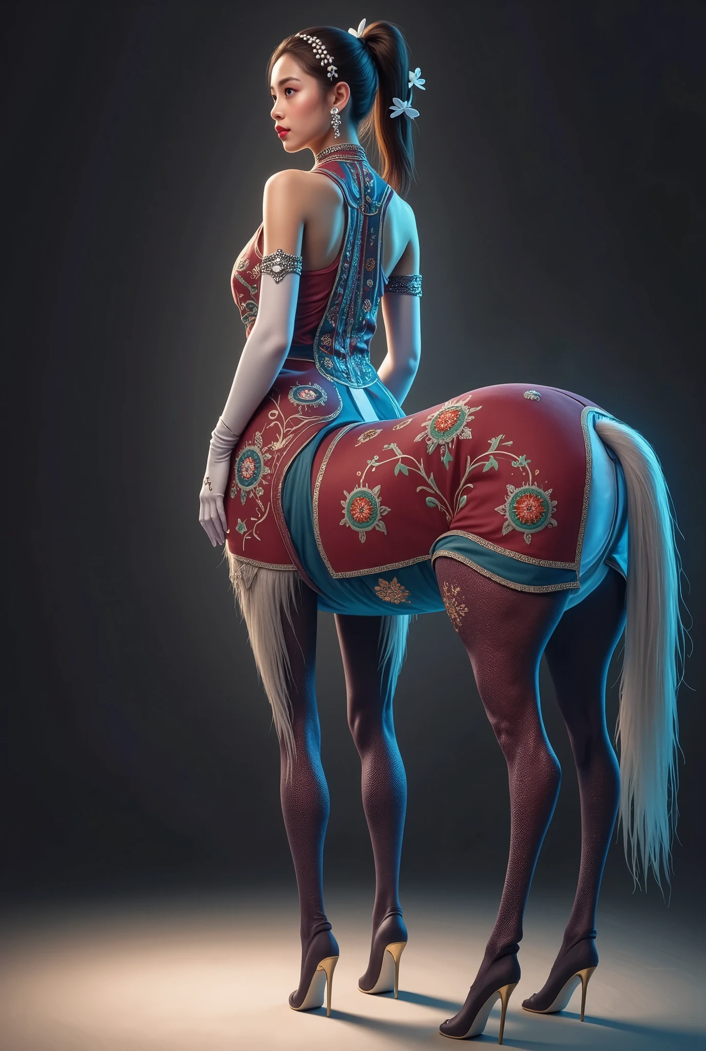 1Centaur Girl， super detailed， detailed character facial portrayals ，The face of the character wearing a size 23 jersey ，((masterpiece))， best quality，absurd， super detailed，Oriental faces，(whole body:1.5)， golden ratio ， super cute beautiful Asian Edoo girl ， very beautiful bright violet eyes ， beautiful colorful shiny brown hair ，High Ponytail，Good figure，fit，  perfect figure  ，( wearing a stately and exquisite royal Cinderella court evening dress {x}:1.5)， huge puff sleeves and hourglass waist ，Embellished with bows ，Embroidery and jewelry， long white gloves ， pearl necklace and earrings ，beautiful hair accessories，( pink crystal heels :1.8)，Dark theme elements ,  pencil sketch ，(Rococo style, , modern,  Ultra HD,   are anatomically correct , Accurate,  Textured Skin , 8K)