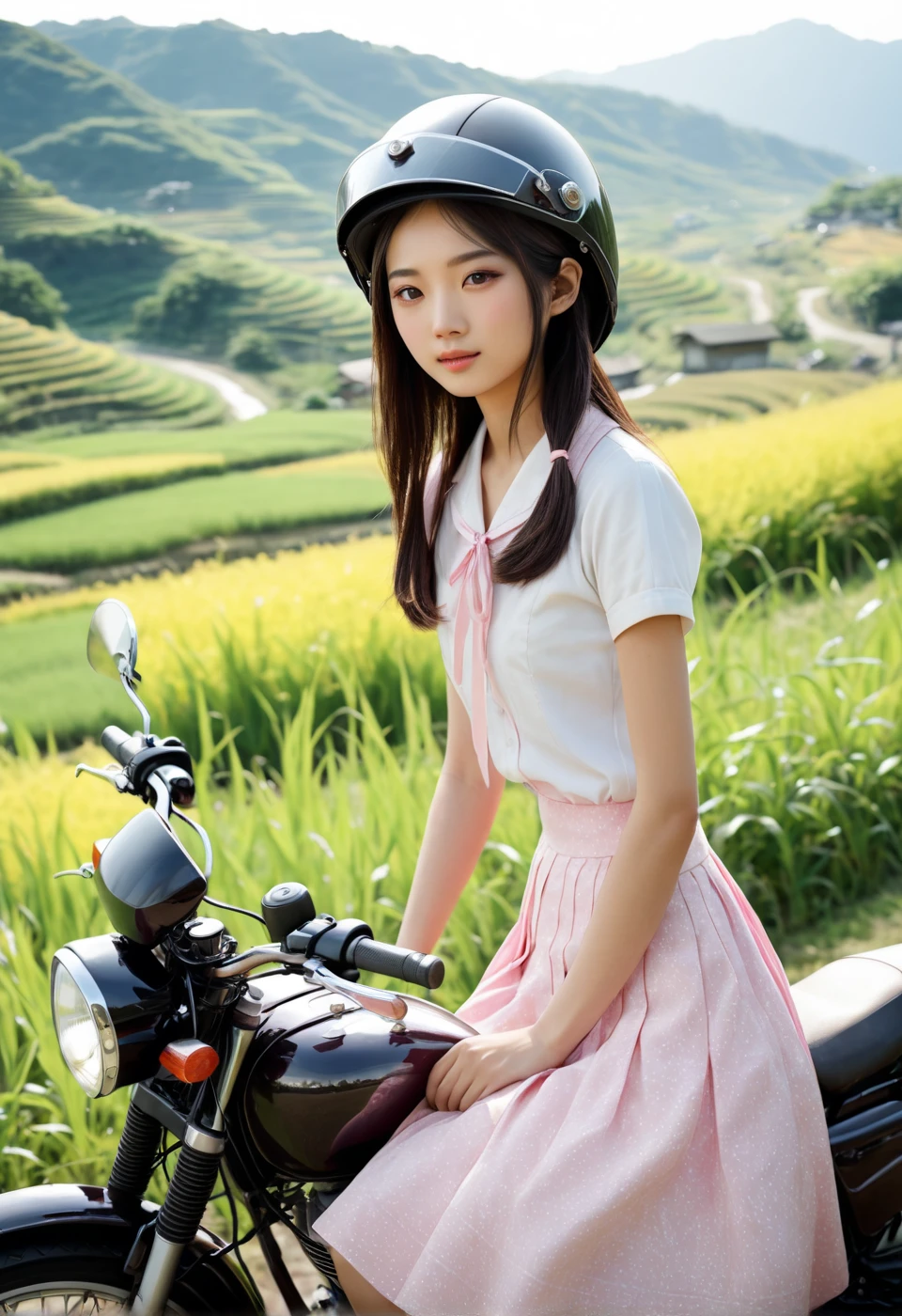  Japanese high school girl in the countryside 、 poor but filial piety 、全身 beautifully contoured eyes 、 beautifully contoured lips 、 beautifully contoured eyes {x} eyes and face are drawn in very detail、 long eyelashes 、Full body skirt image 、Ride a big motorcycle from the countryside to the city 、 wear a cute pink helmet and warm sunshine、Natural color tones、 full body landscape 、Best Quality、4K、8k、