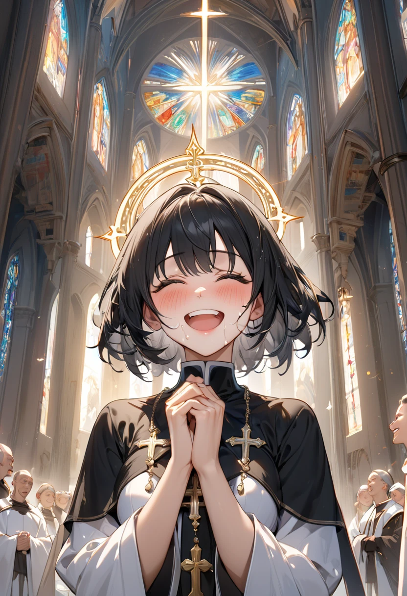 (((Best quality, 8k, Masterpiece: 1.3)), ((best quality)), ((masterpiece)), (detailed), perfect face, perfect body, (detailed skin:1.3), (intricate details), Saints, crying and laughing, priest's clothes, Black hair, beautiful woman, Chapel, sacred, serene, reverent, medium hair, Halo, divine