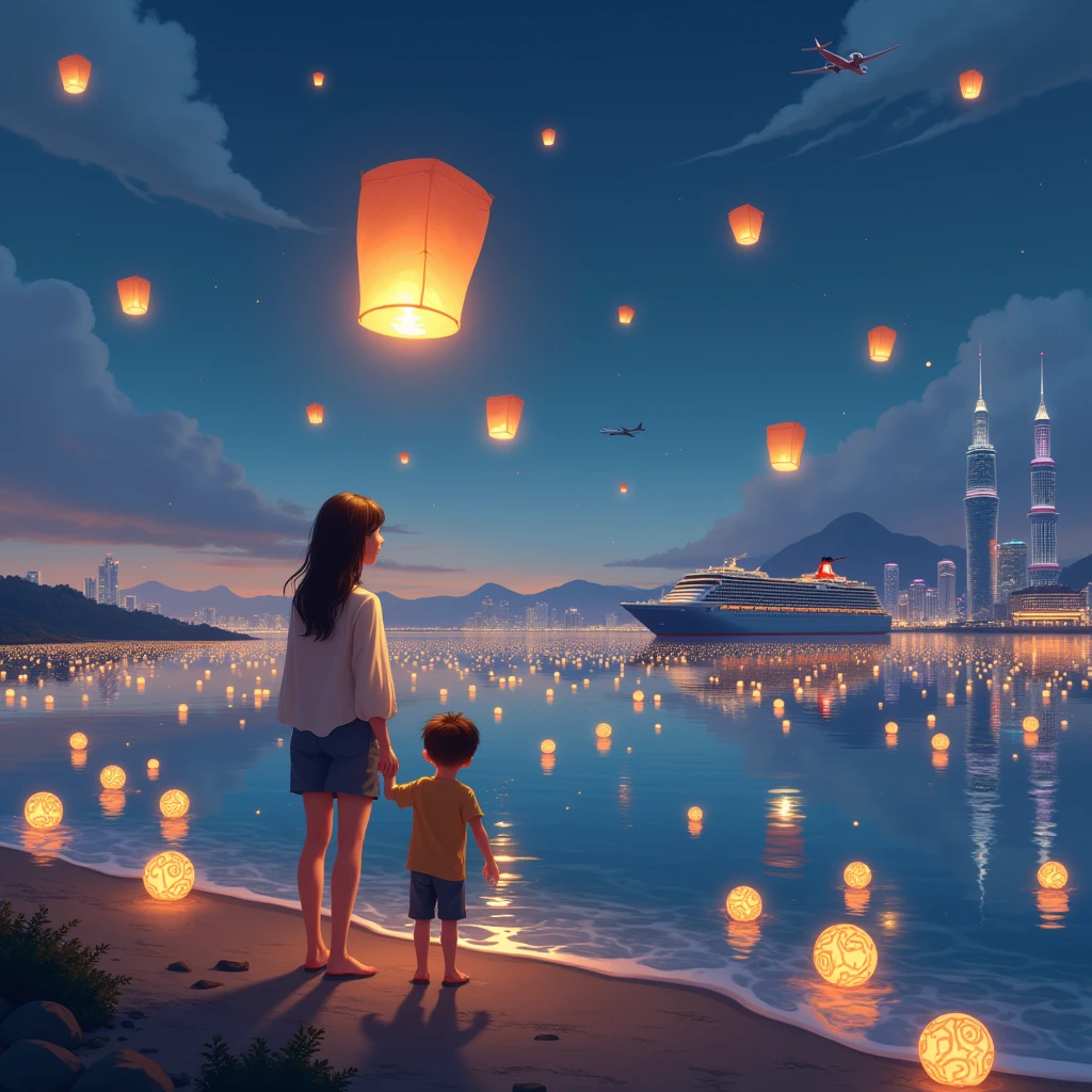 (8k rendering,UHD, HDR color,Pixar, cool hand-drawn style ) Night, summer,  Hangzhou Bay coast , ( standing on the shore, mom and young son ( Asian-looking mom and son )  launch floating Floating Lanterns on the almost calm waters of Hangzhou Bay ),20-30 little Floating Lanterns are already swimming in the waters of the Bay , ( About a dozen tiny floating round ones with hieroglyphics Floating Lanterns ) you can also see in the frame ,  sails along the shore, you can see Shanghai shining in the dark with lights ,  in the distance, a huge cruise ship , incredibly epic shot , Incredible beauty,somewhere high in the sky a plane is flying ,close-up of mom and son ,